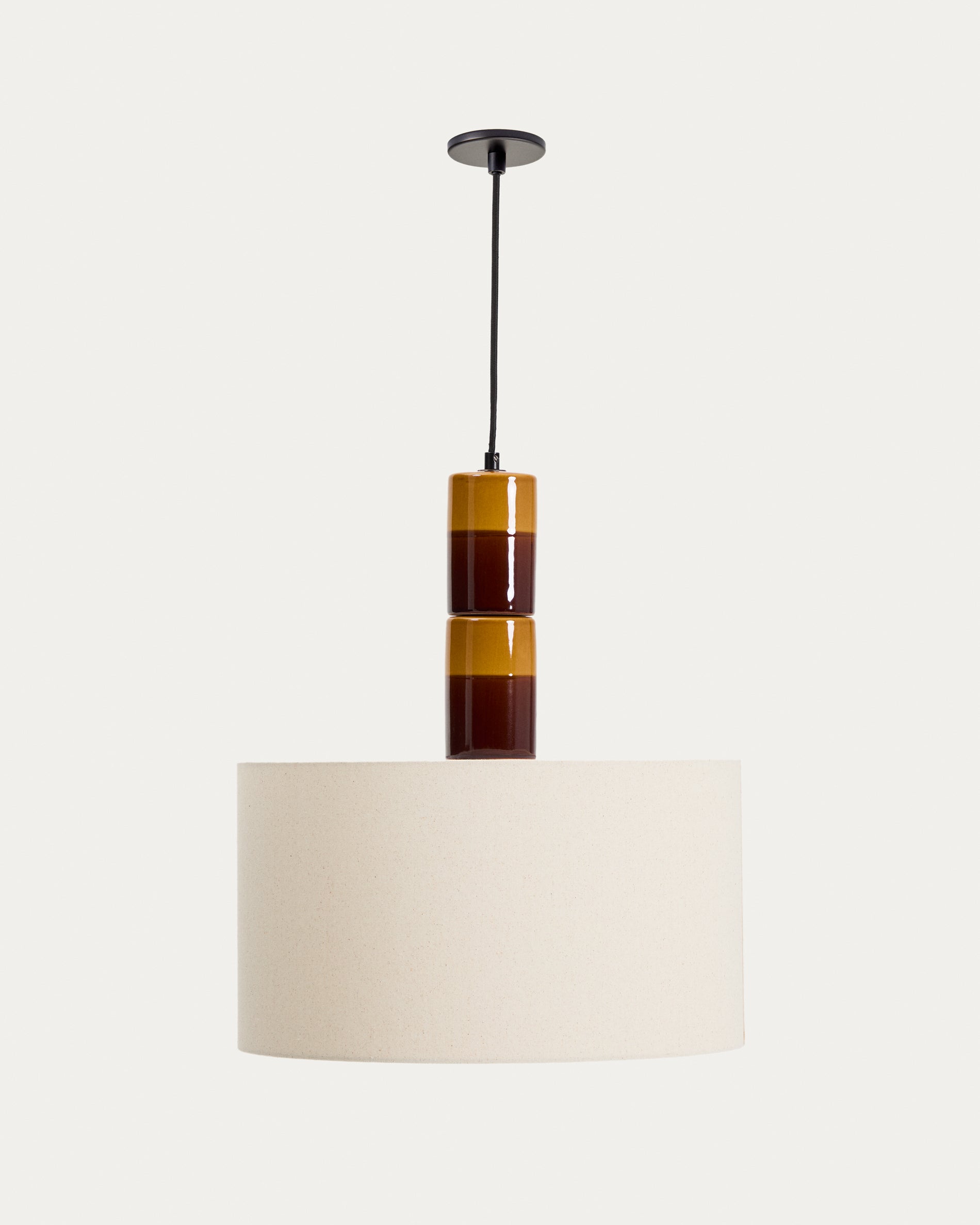 Mavran ceiling lamp in brown and mustard ceramic with cotton lampshade - Product View