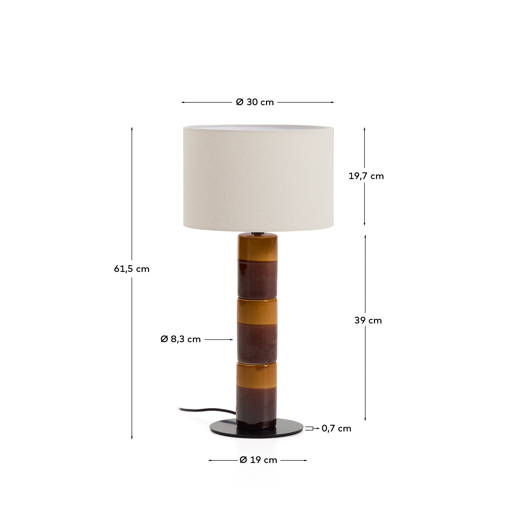 Mavran table lamp with brown and mustard ceramic base and cotton lampshade - Measurements