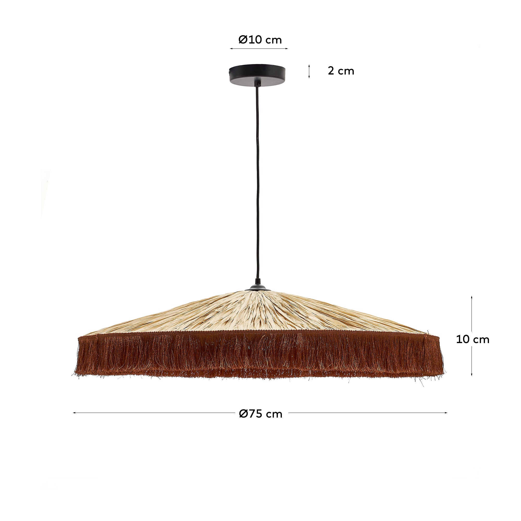Pollensa ceiling lamp in natural raffia and terracotta fringes, Ø 75 cm - Measurements