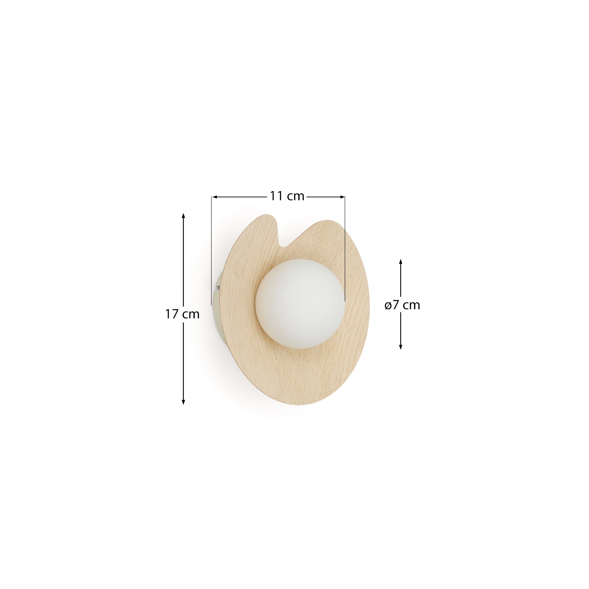 Wilara oak veneer wall-mounted light fixture with 1 smoked glass ball - Measurements
