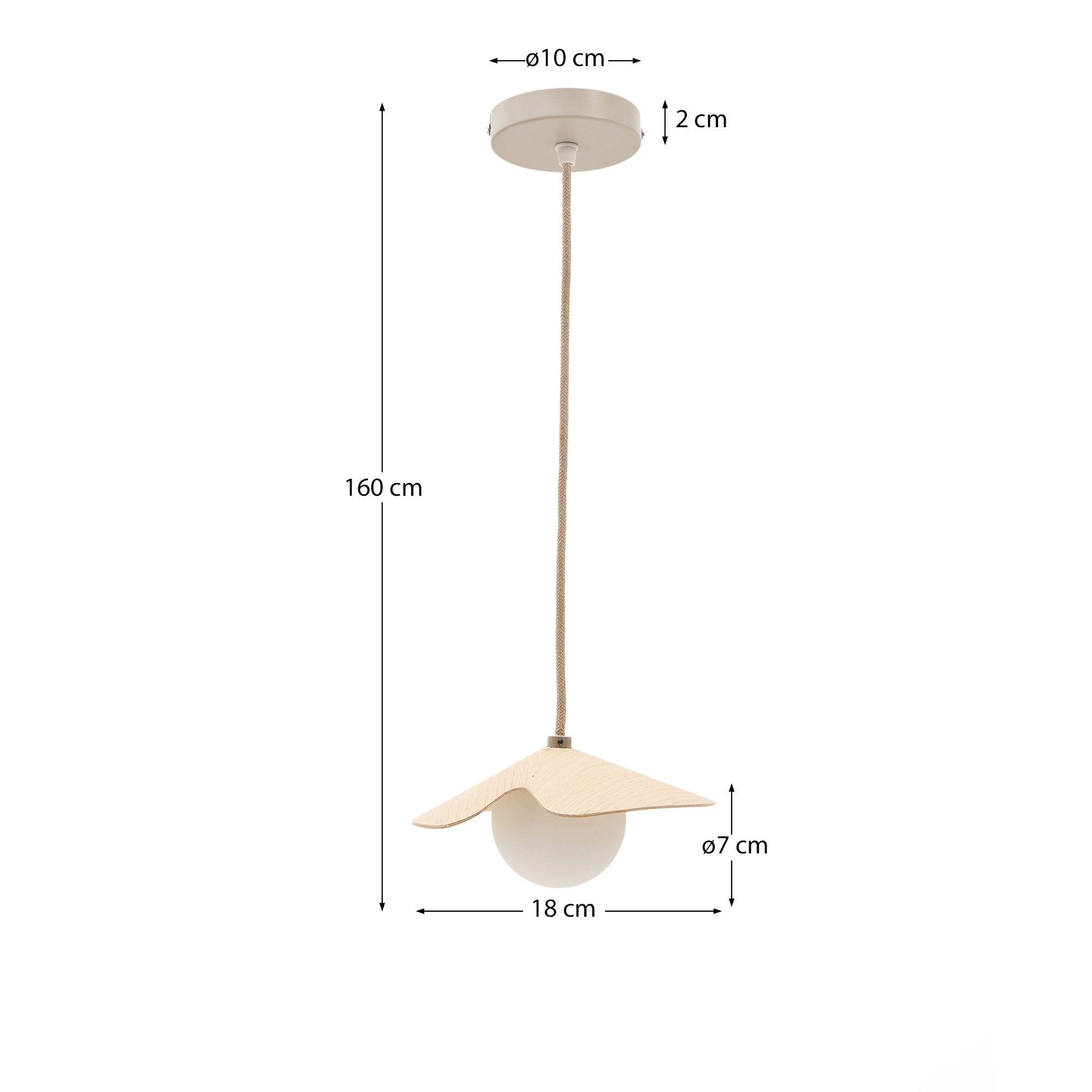 Wilara oak veneer ceiling lamp with 1 white smoked glass ball - Measurements