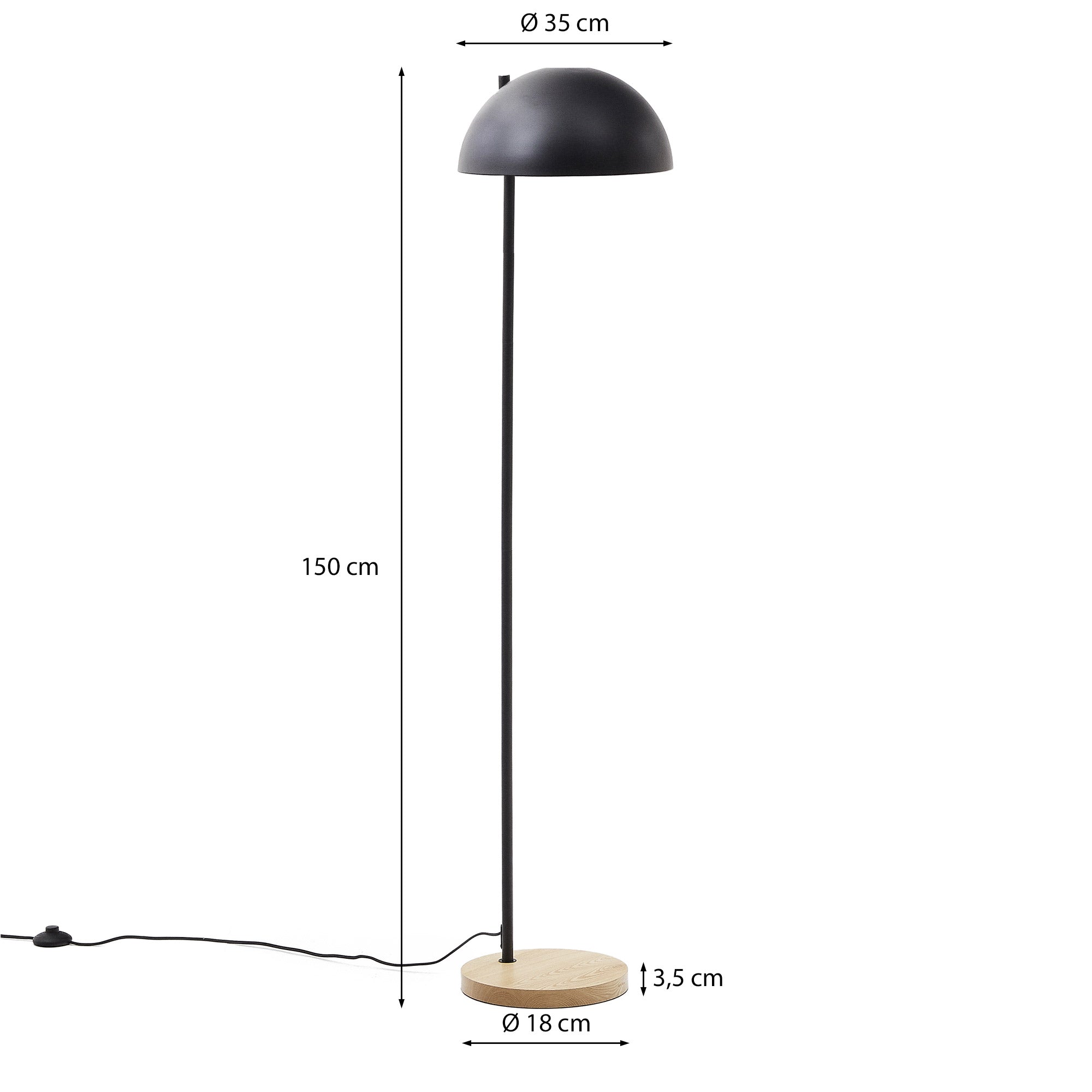 Catlar ash wood and metal floor lamp in a black painted finish - Measurements