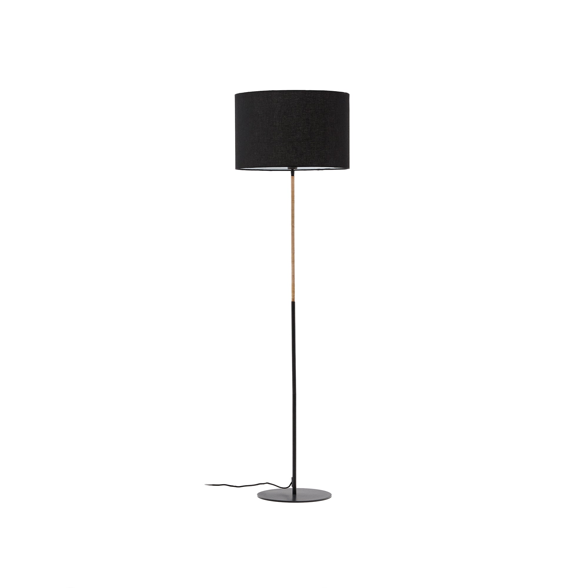 Canar floor lamp made of metal and rattan, with a black cotton lampshade