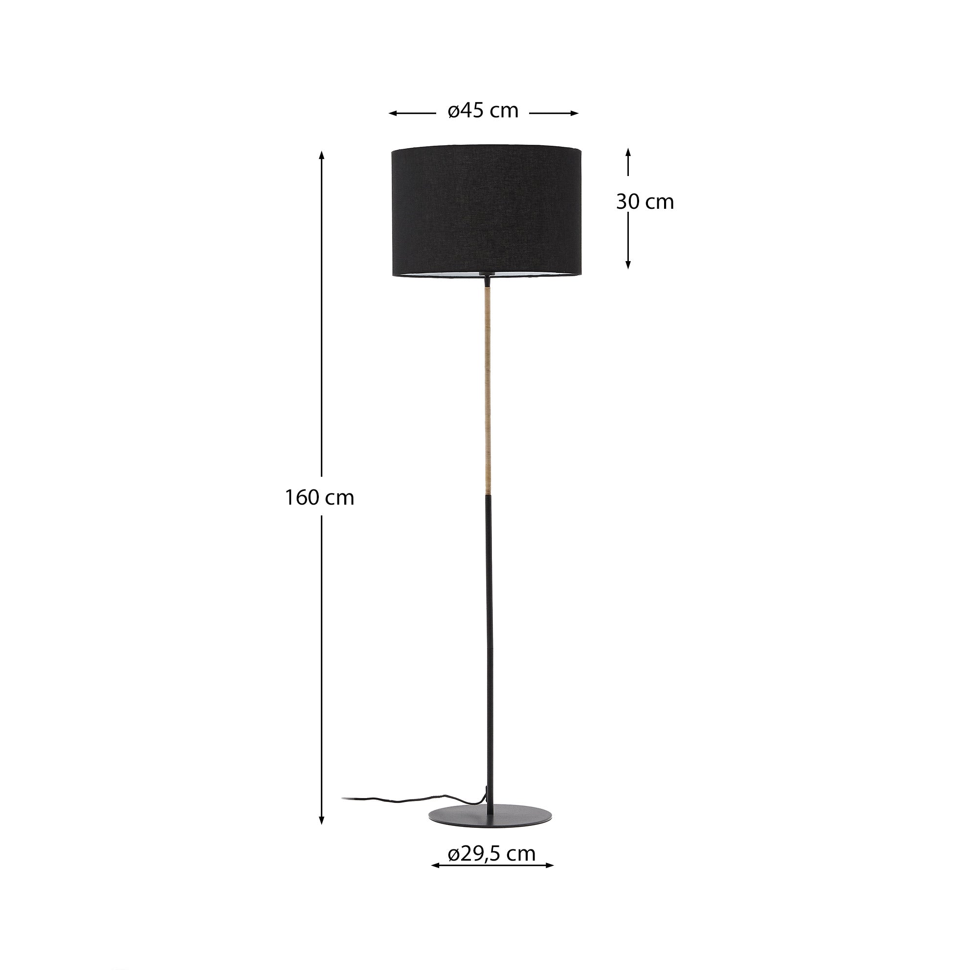 Canar metal and rattan floor lamp made with a black cotton lamp shade - Measurements