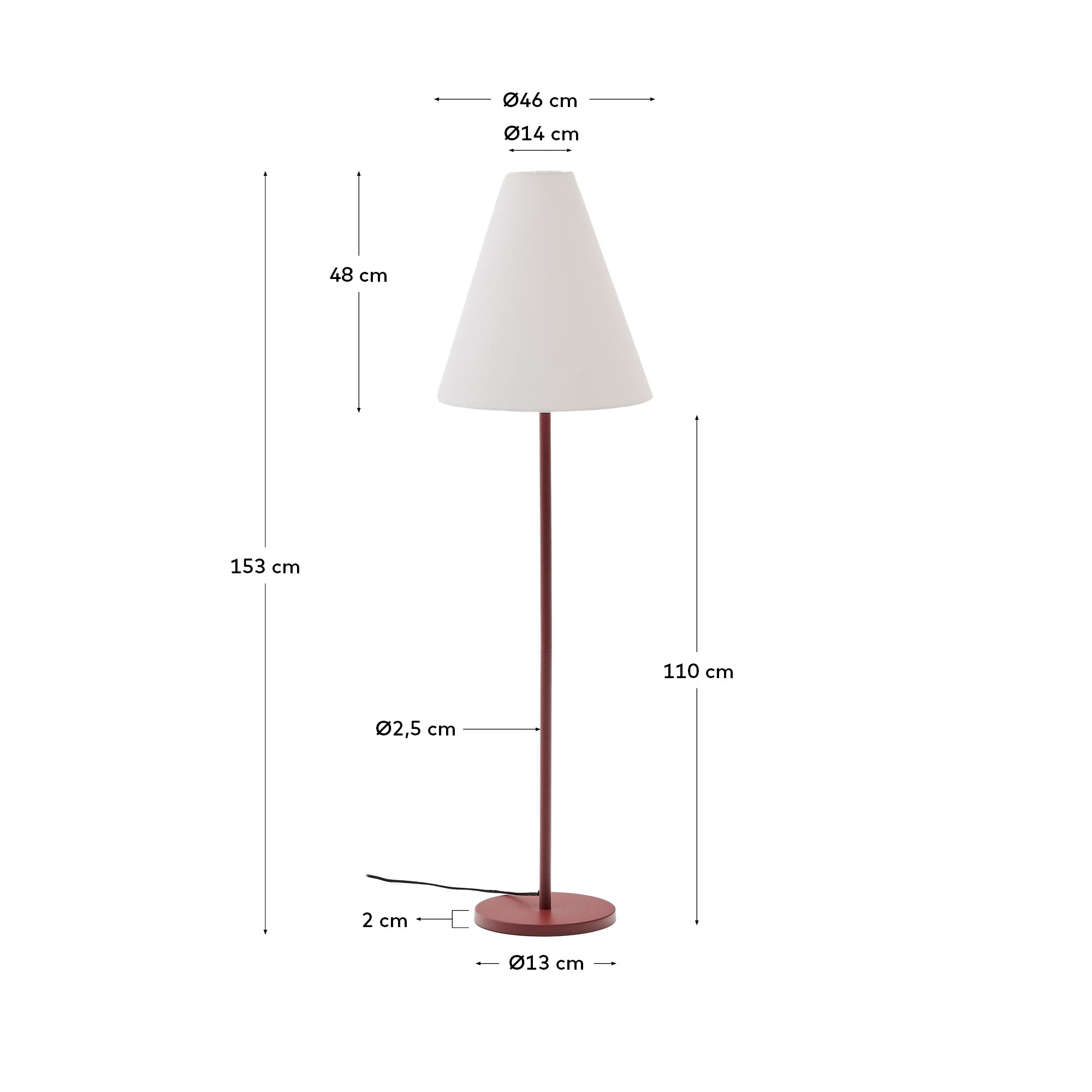 Navat floor lamp with a metal base in a terracotta painted finish - Measurements