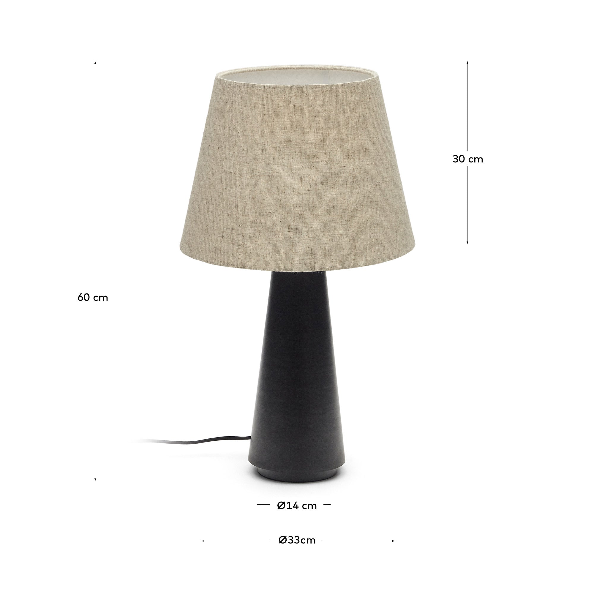 Torrent metal table lamp with black painted finish and linen shade - Measurements