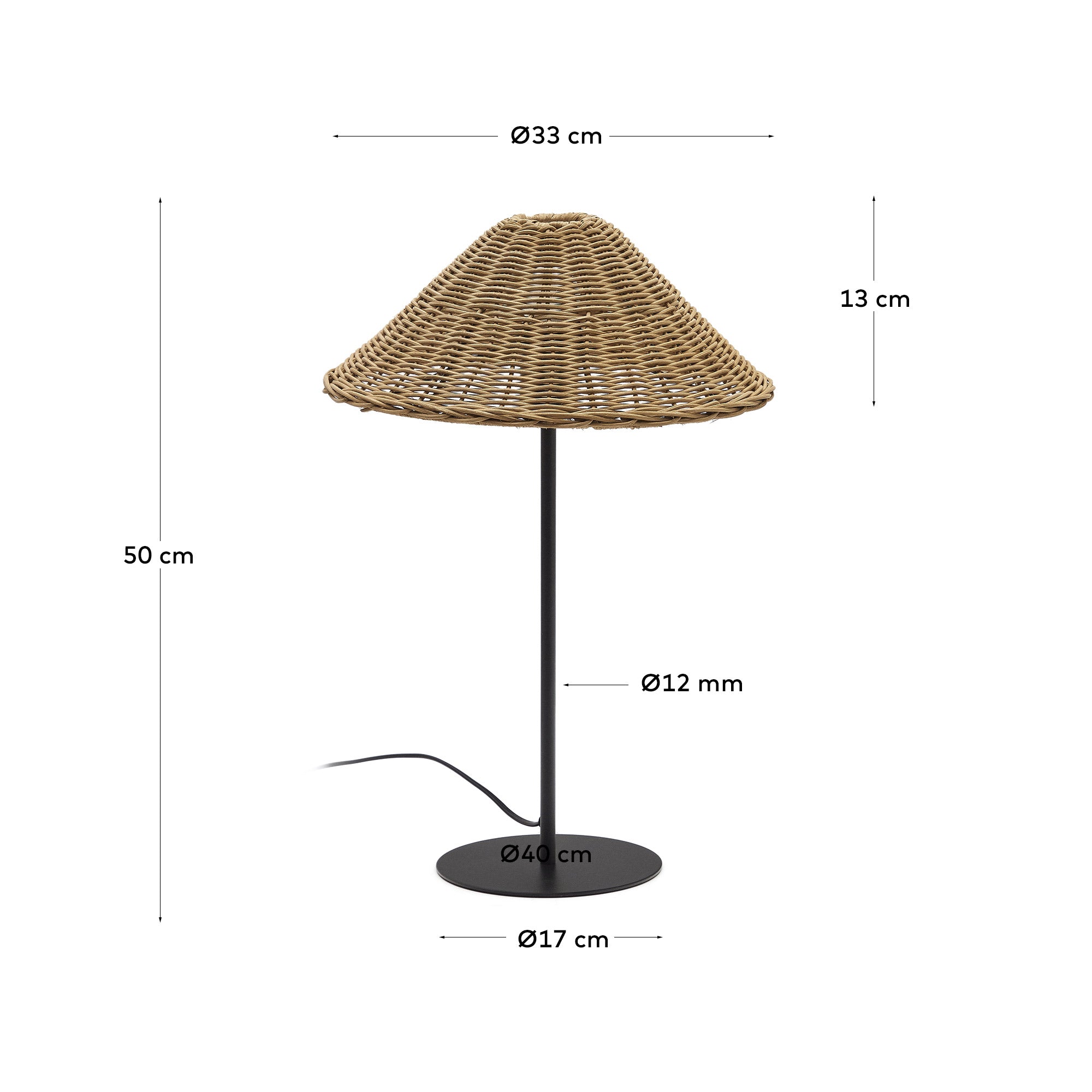 Urania table lamp in rattan and metal with black painted finished - Measurements