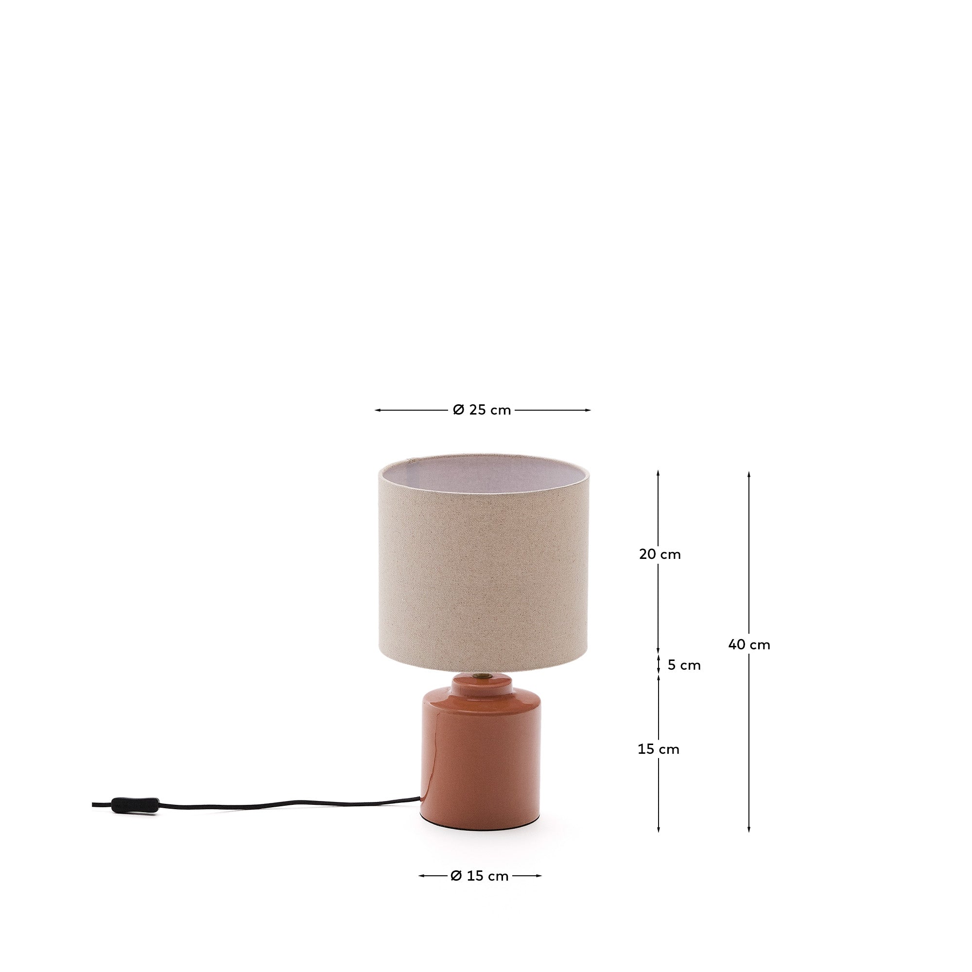 Daeli ceramic table lamp with orange finish and beige cotton - Measurements