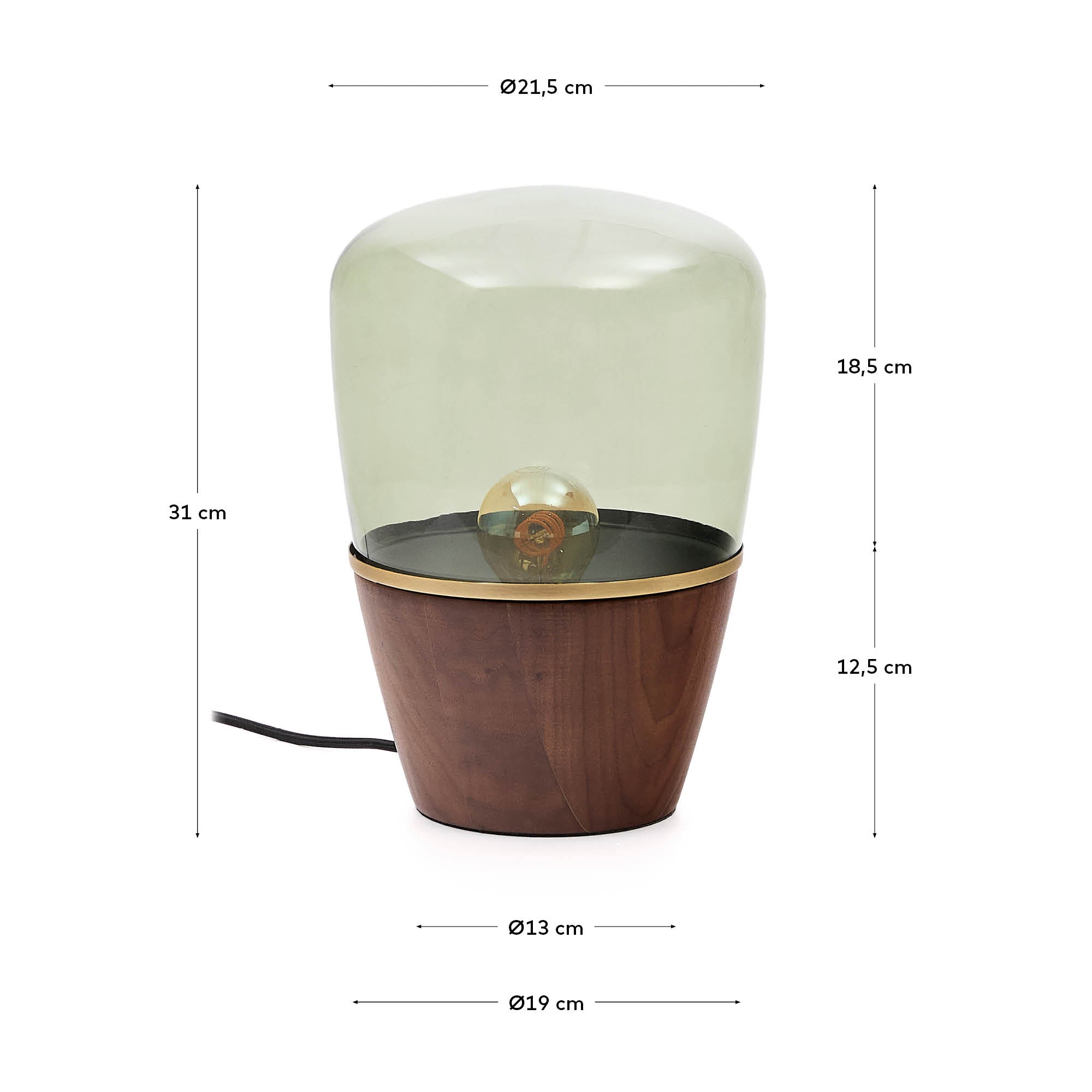 Silex table lamp made of walnut veneer and green glass - Measurements