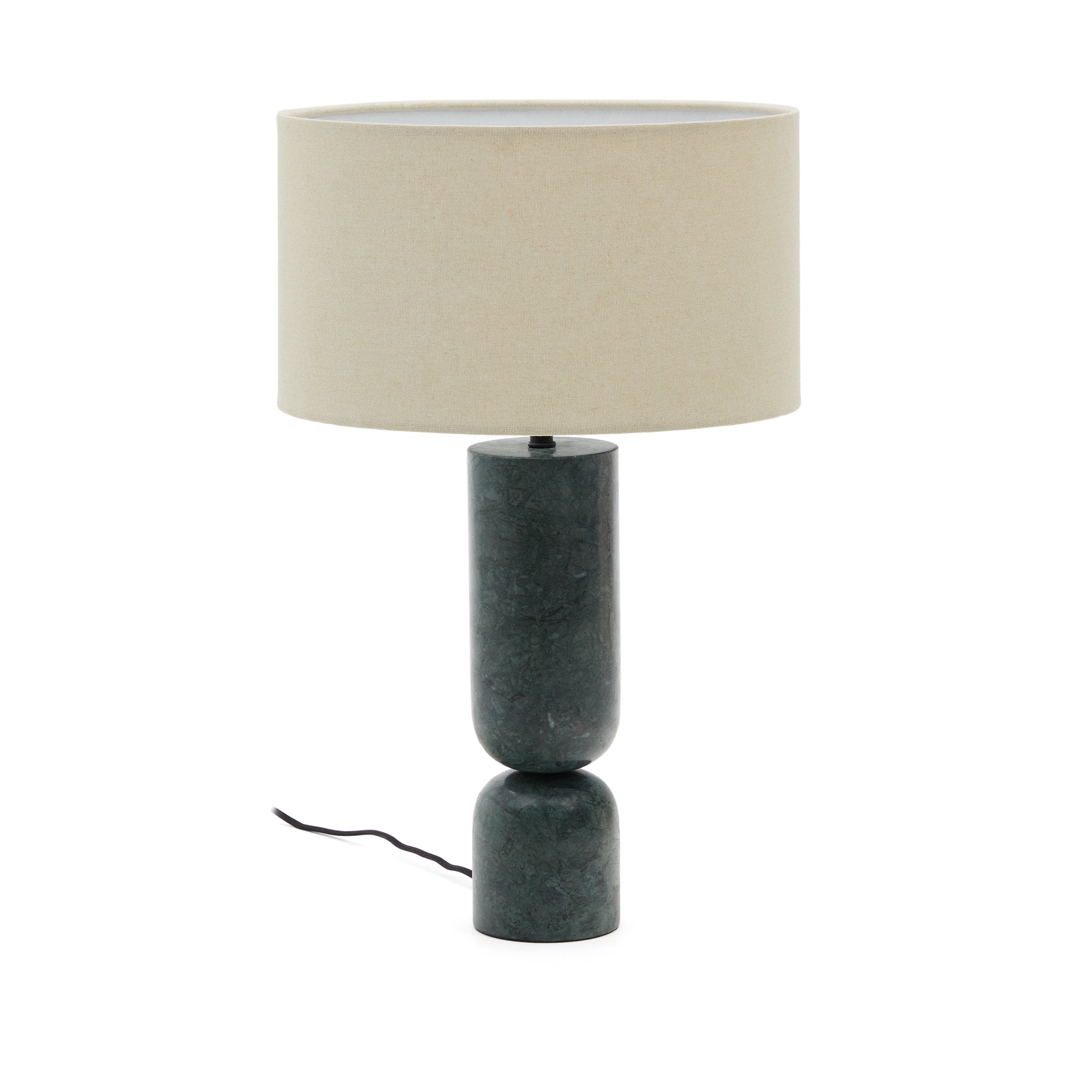 Vex table lamp in green marble with a grey linen shade - Product Image