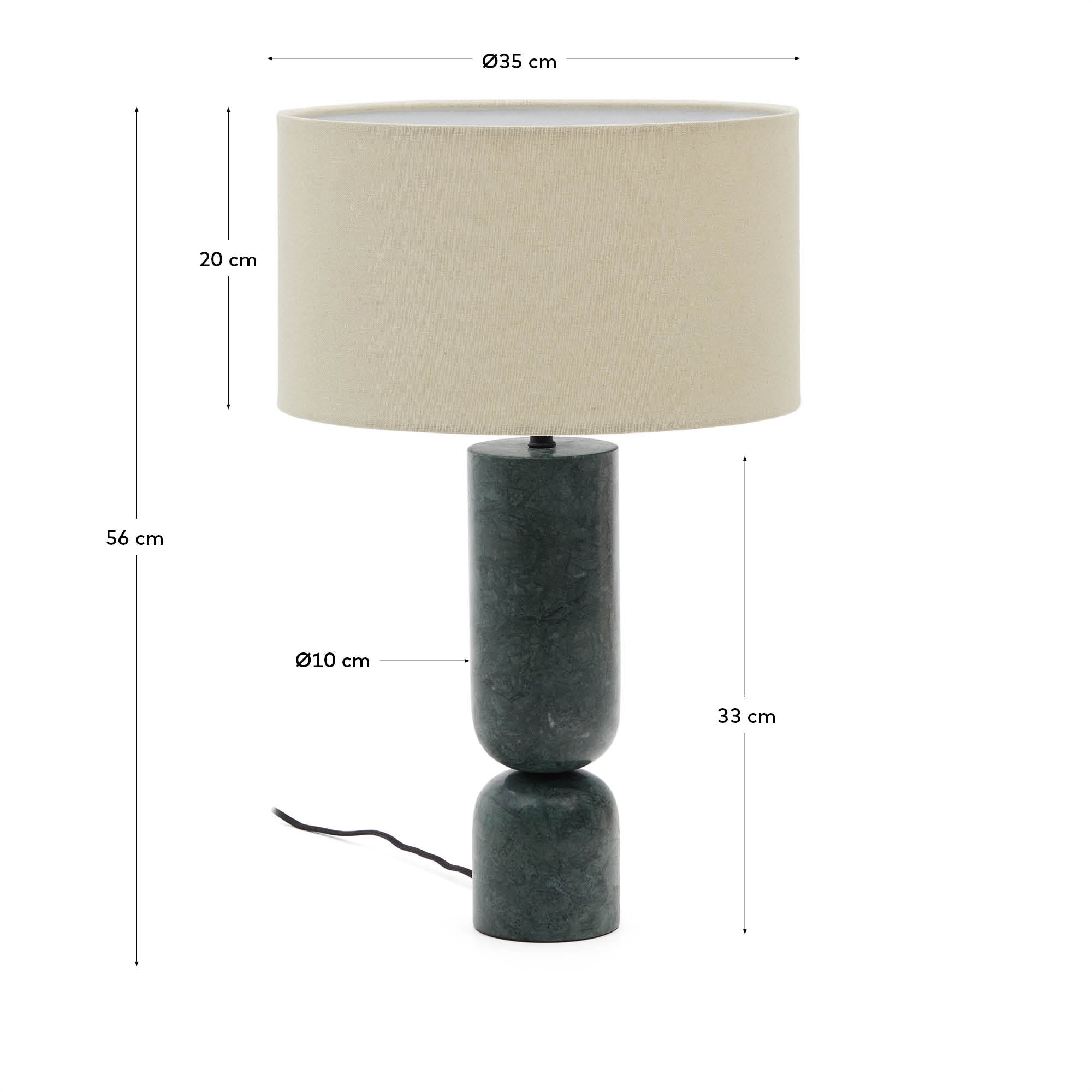 Vex table lamp in green marble with a grey linen shade - Measurements