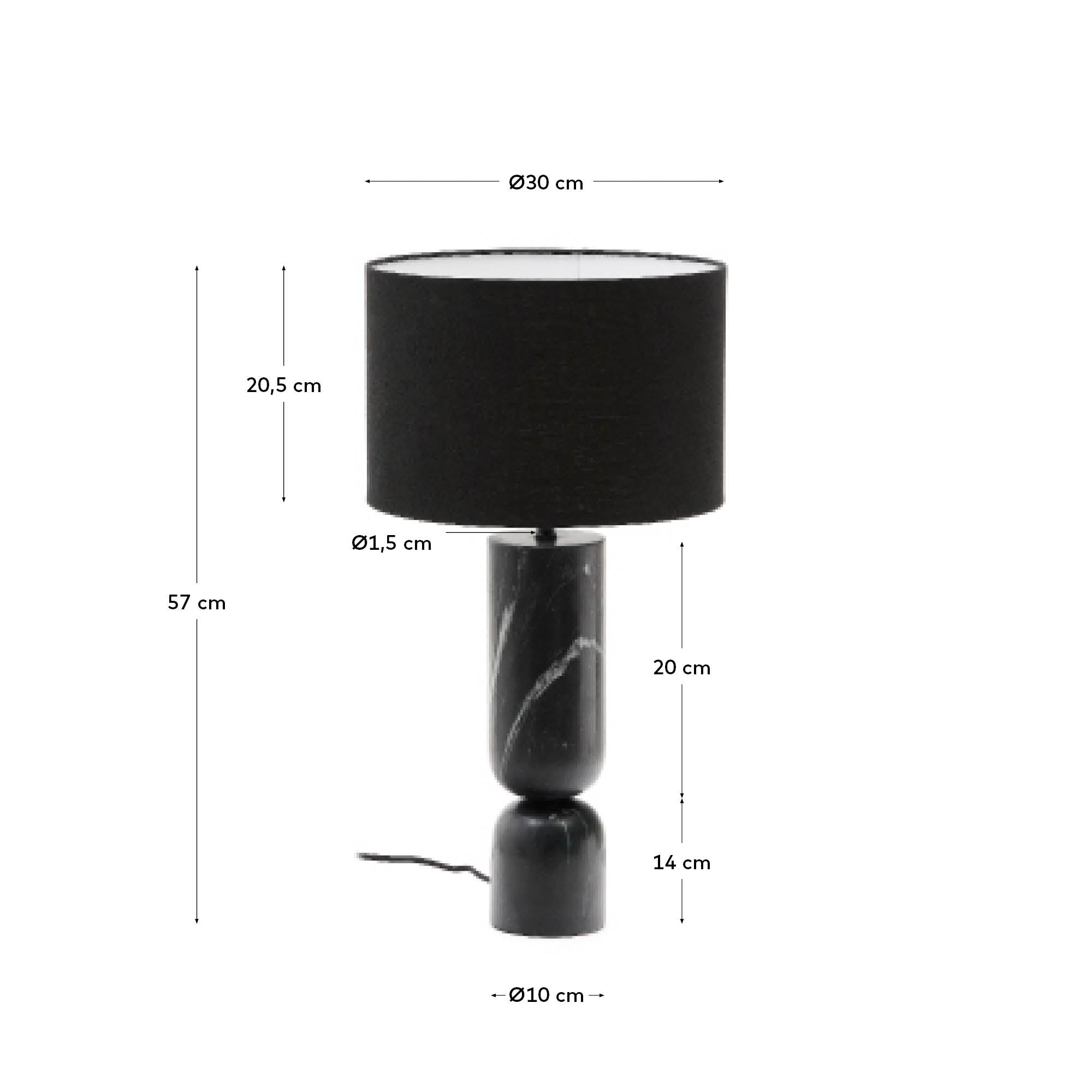 Vex table lamp in black marble with a black linen shade - Measurements