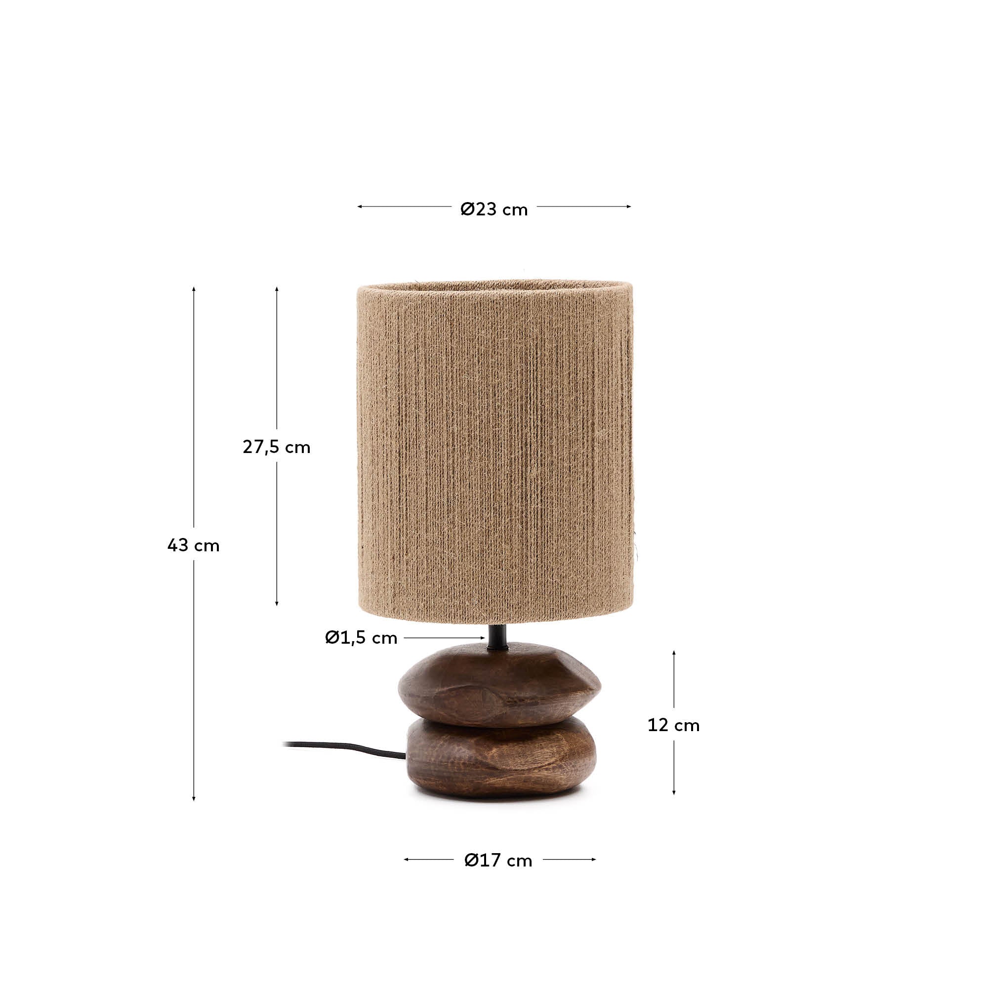 Kor table lamp made of jute and acacia wood in a dark finish - Measurements