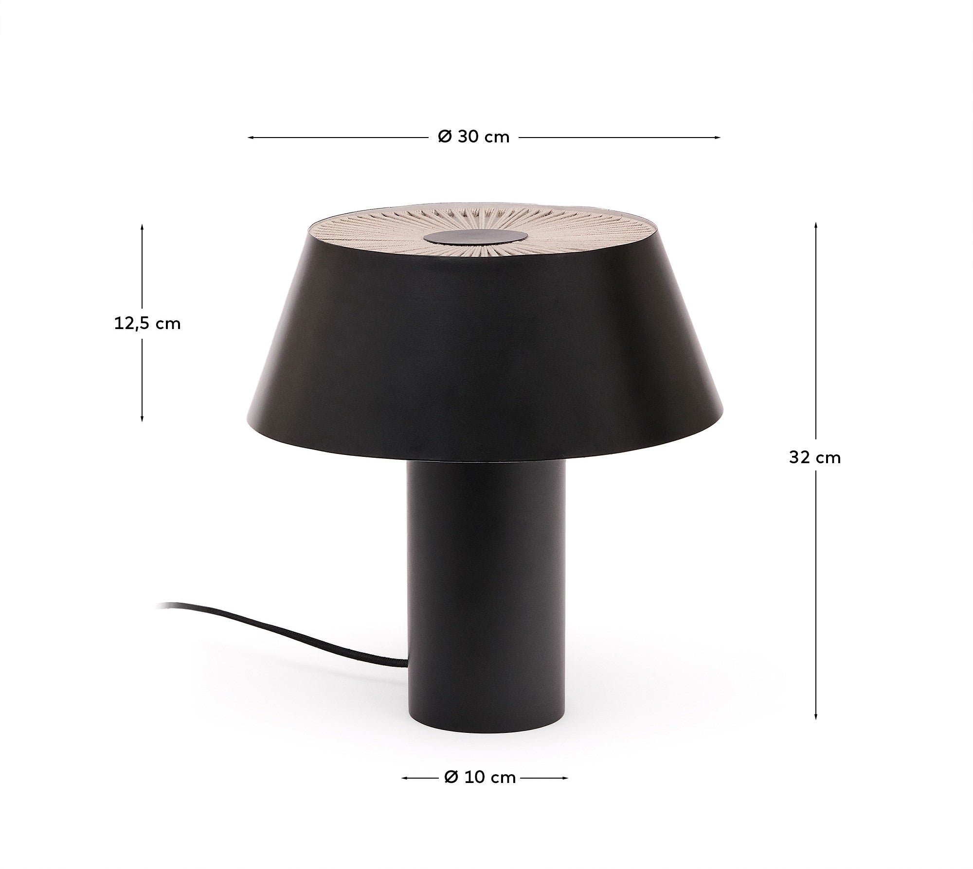 Ancare table lamp in black metal and beige rope cord - Measurements