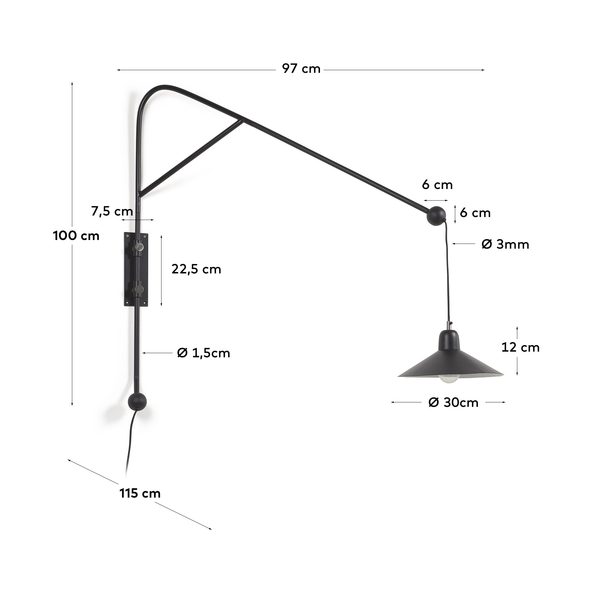 Eleazar wall light in metal with black painted finish - Measurements