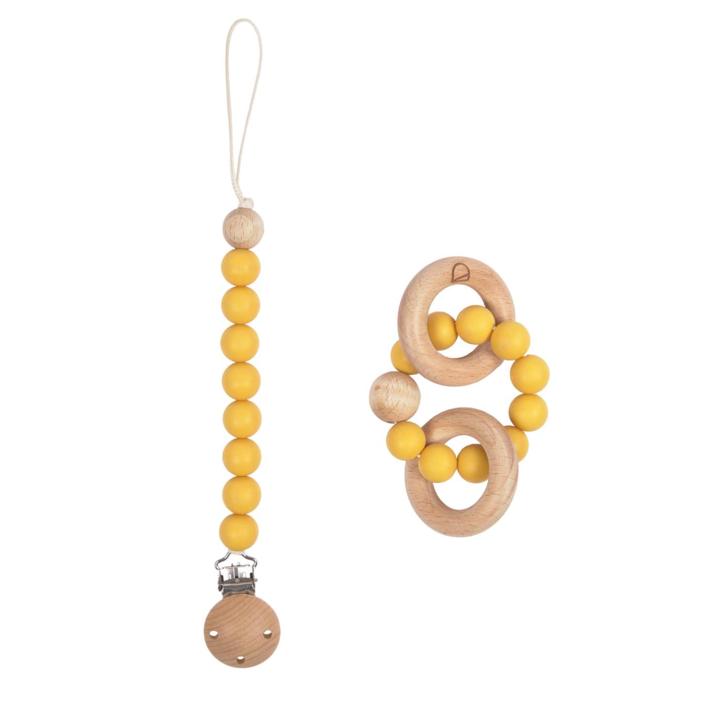 Epiphany dummy and teething ring set in mustard silicone and wood - Product Image