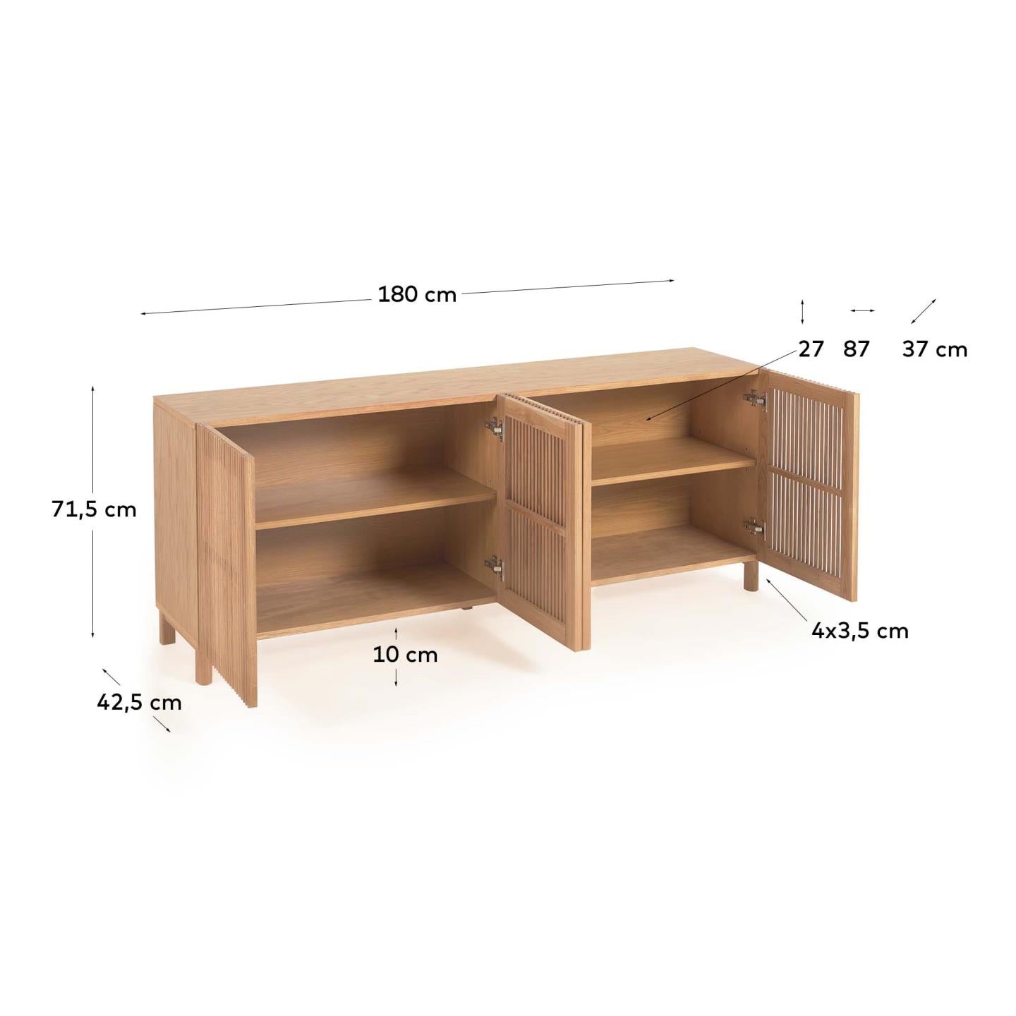Beyla 4-door sideboard in solid oak wood and oak veneer 180 x 71.5cm FSC 100% - Measurements