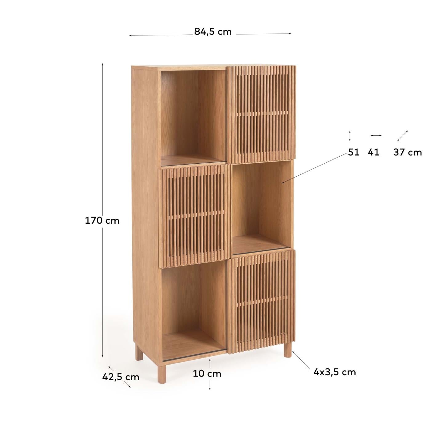 Beyla shelf unit in solid oak wood and oak veneer 84.5 x 170cm FSC 100% - Measurements