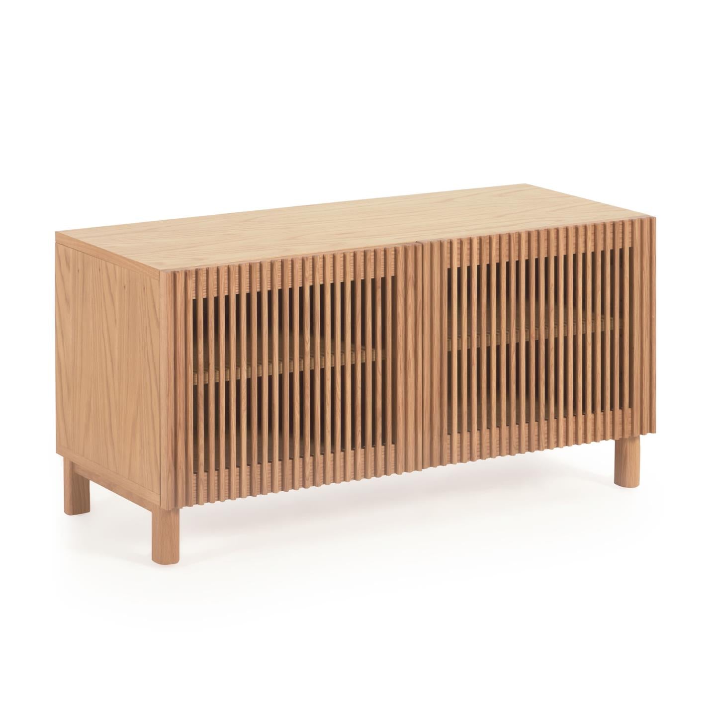 Beyla 2-door shoe rack in solid oak wood and oak veneer 98.5cm FSC 100% - Product Image