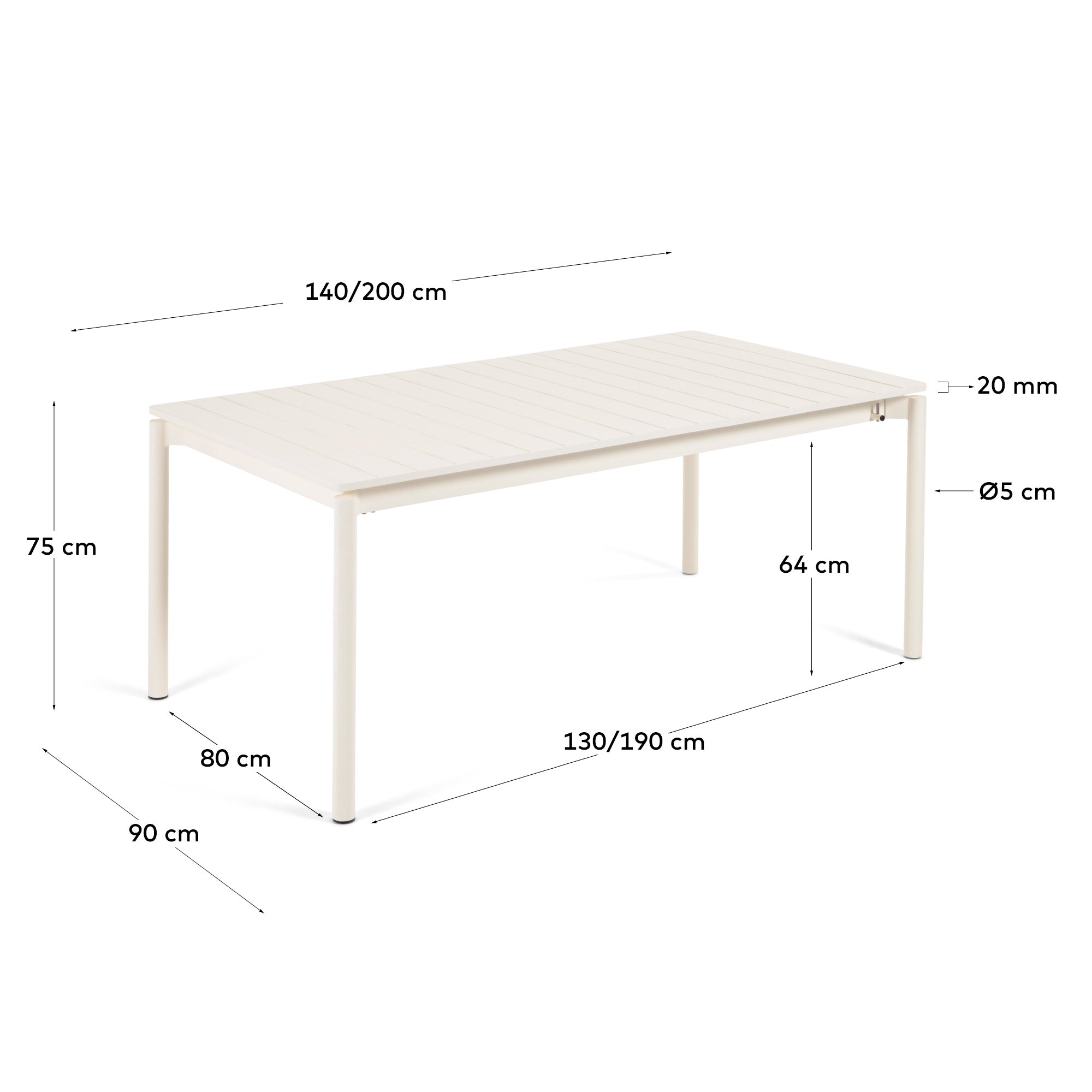 Zaltana extendable outdoor table made of aluminium in a  light grey finish, 140 (200) x 90 cm - Measurements