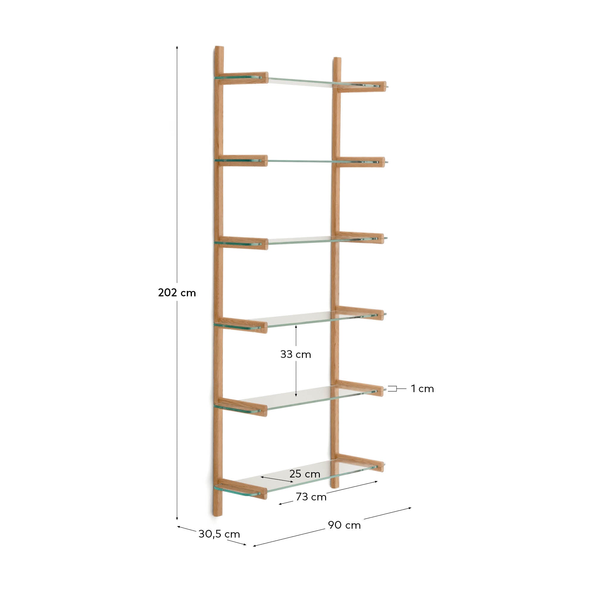Sitra modular shelf, 6 glass shelves and FSC Mix Credit solid oak wood, 90 cm - Measurements