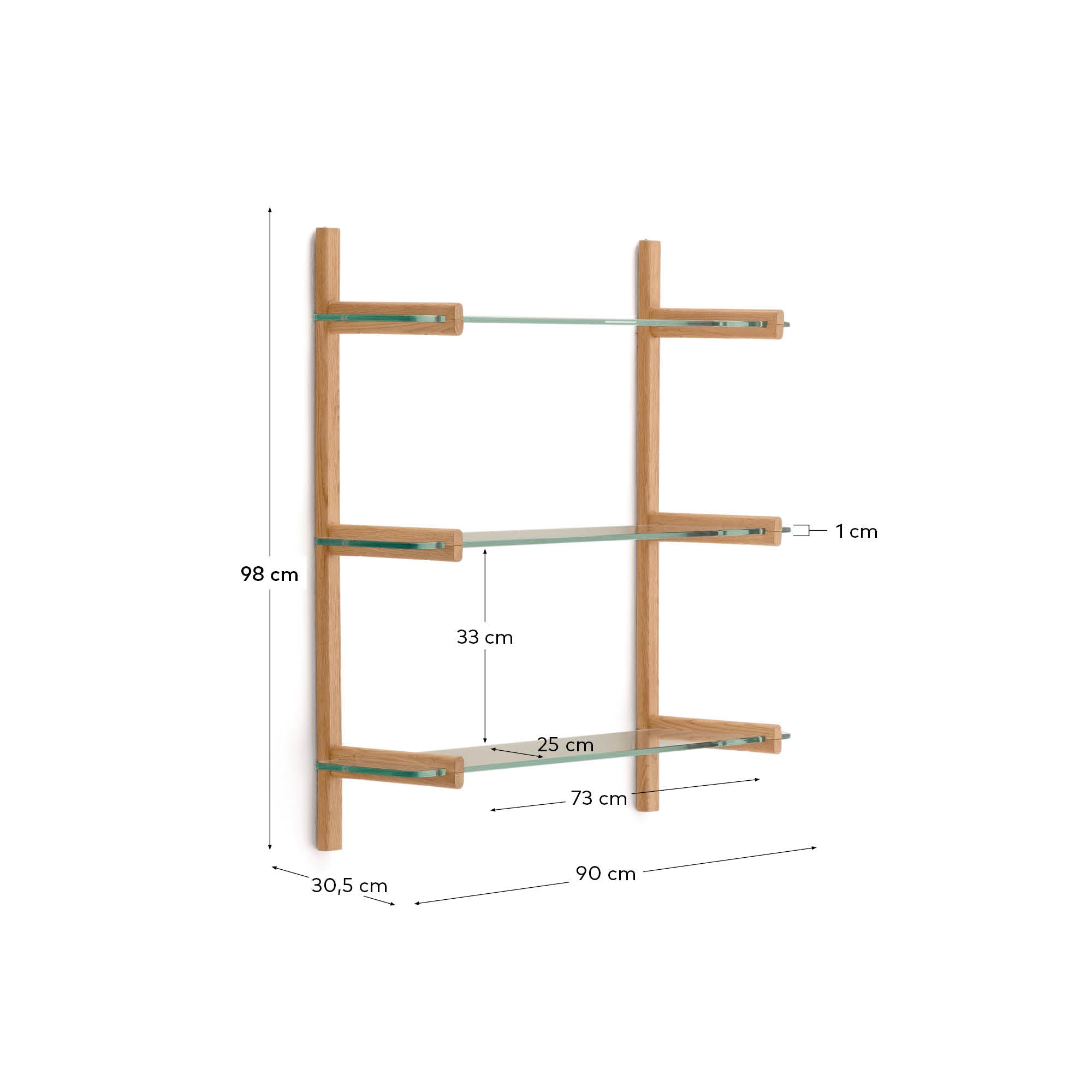 Sitra modular shelf, 3 glass shelves and FSC Mix Credit solid oak wood, 90 cm - Measurements