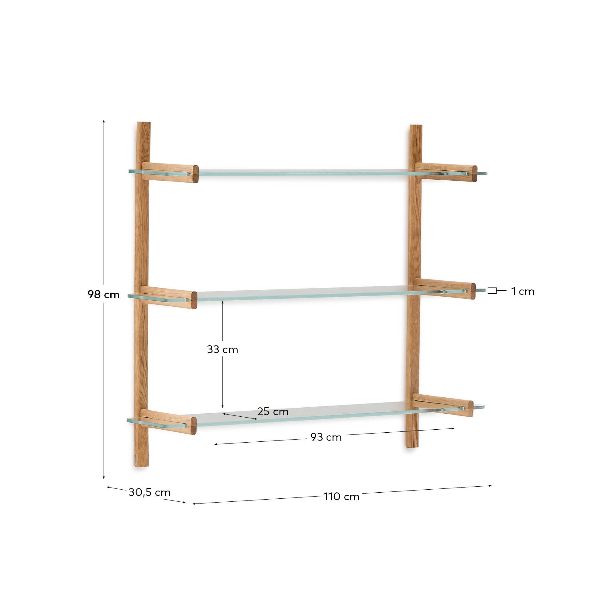 Sitra modular shelf, 3 glass shelves and FSC Mix Credit solid oak wood, 110 cm - Measurements