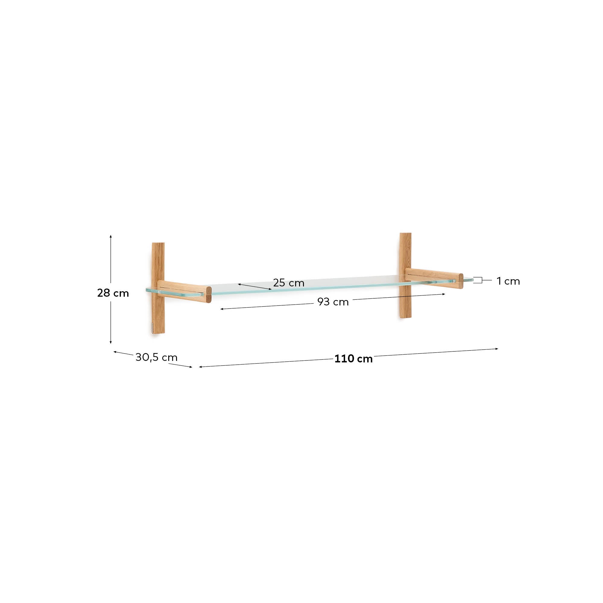 Sitra modular shelf, 1 glass shelf and FSC Mix Credit solid oak wood, 110 cm - Measurements