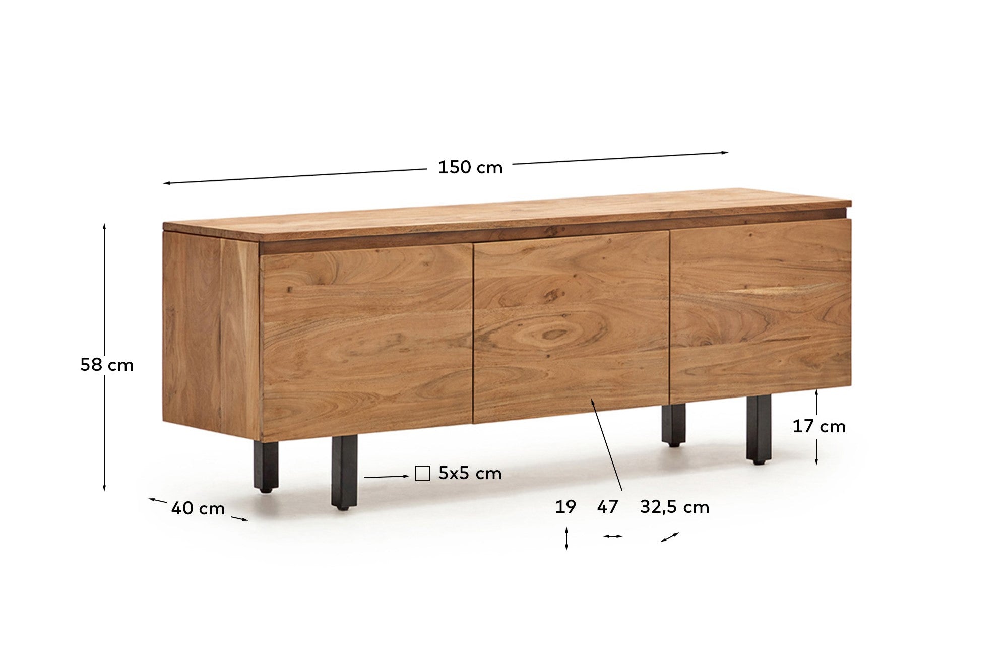 Uxue 3-door TV stand in solid acacia wood with bleached finish 150 x 58cm - Measurements
