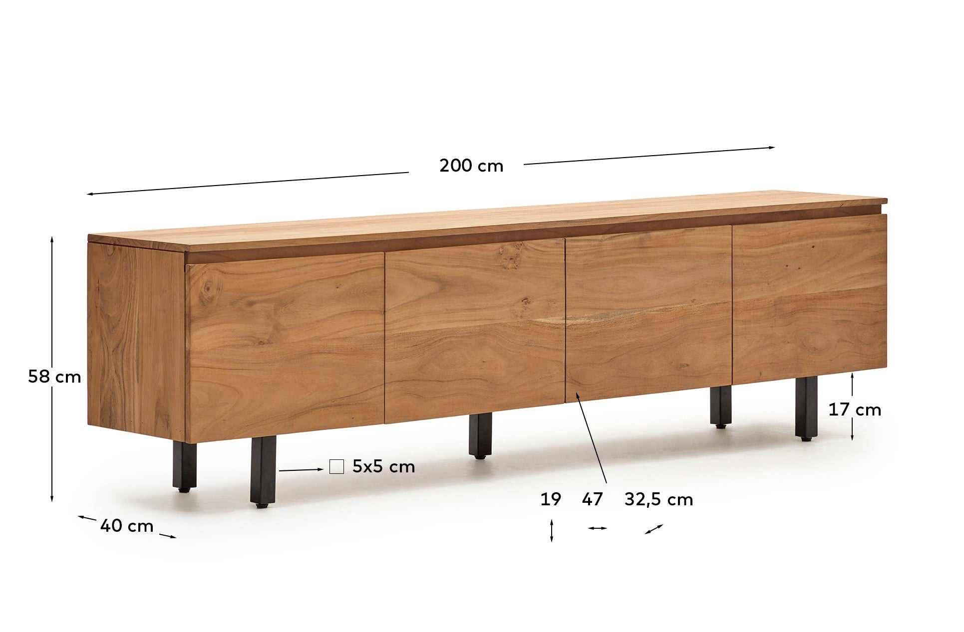 Uxue 3-door TV stand in solid acacia wood with bleached finish 200 x 58cm - Measurements