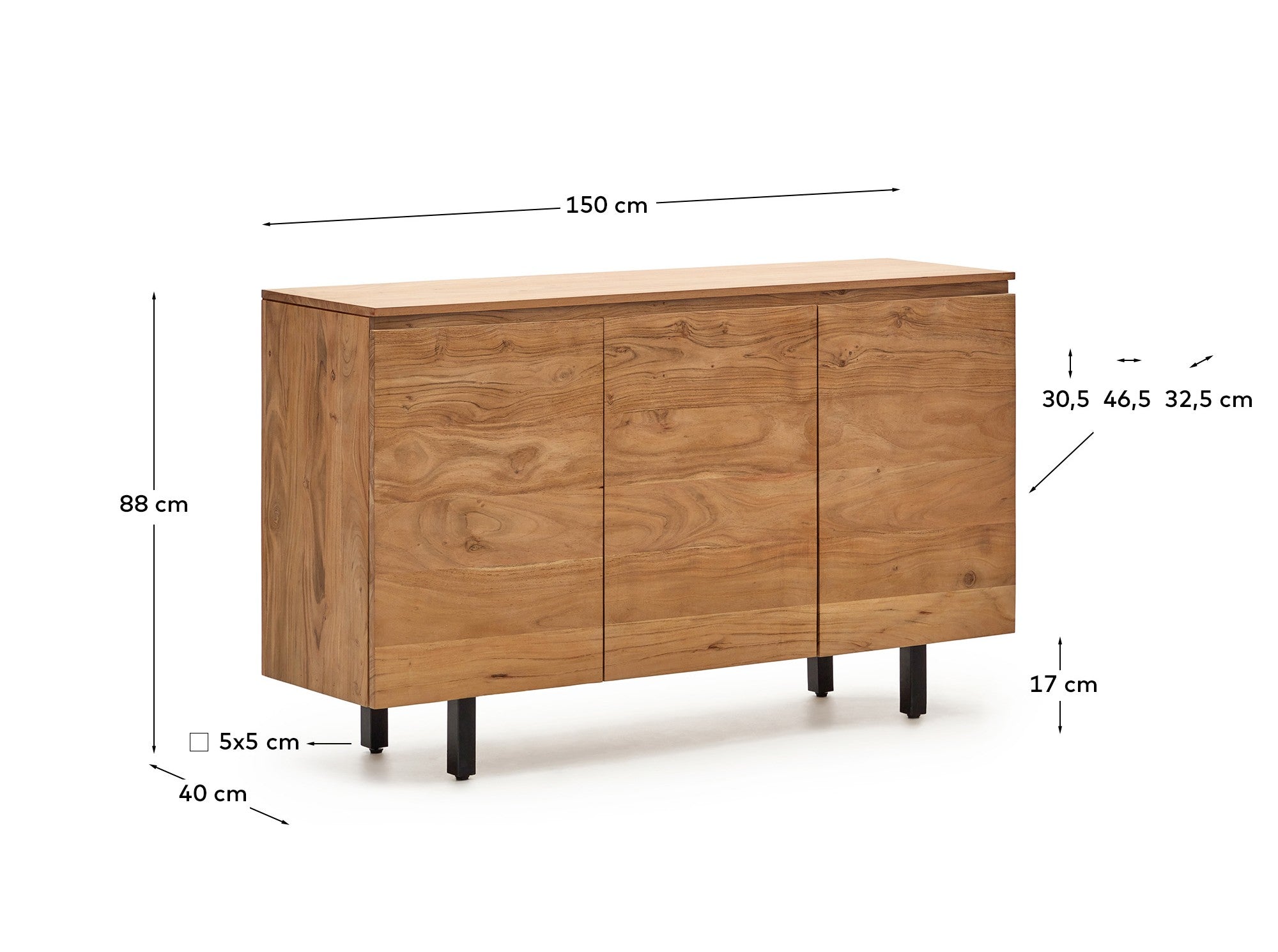 Uxue 3-door sideboard in solid acacia wood with bleached finish 150 x 88cm - Measurements