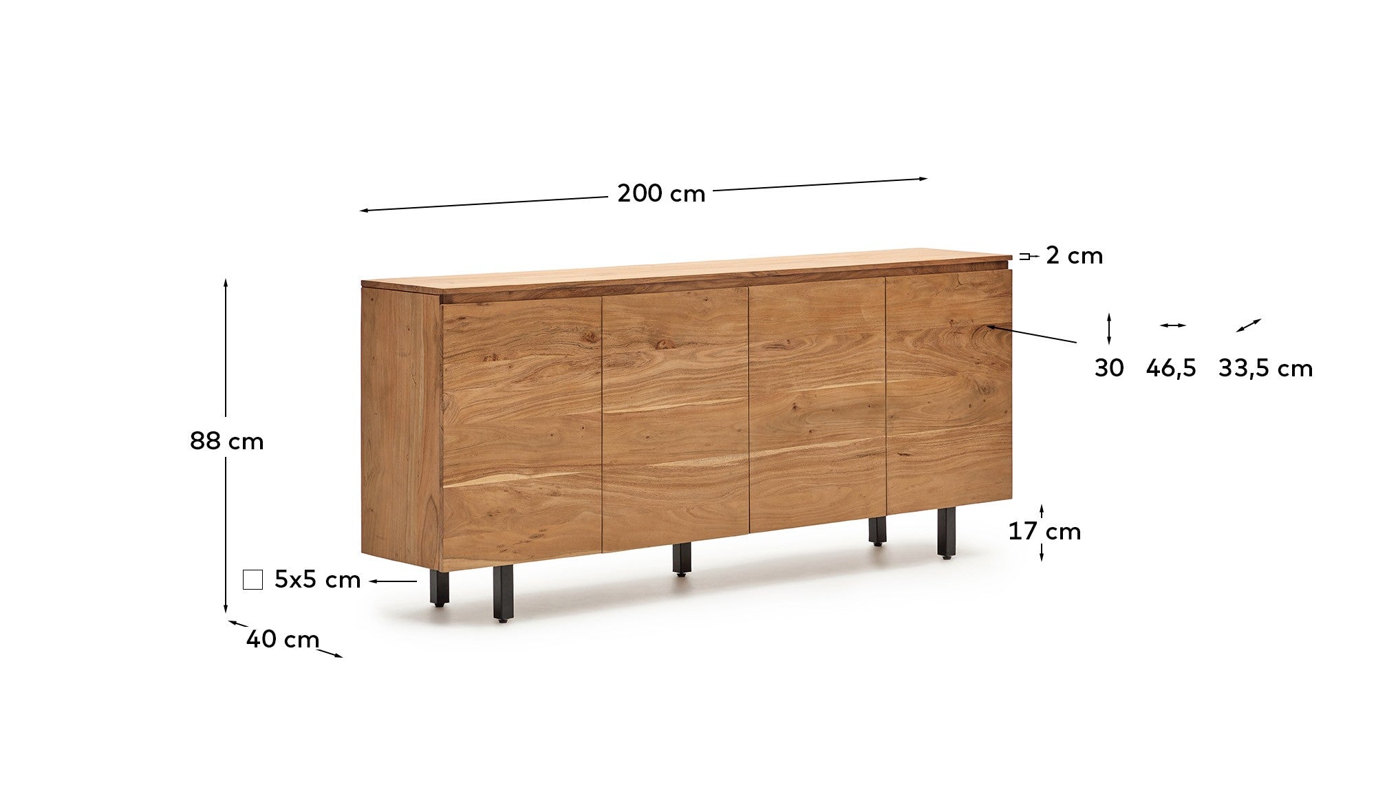 Uxue 4-door sideboard in solid acacia wood with bleached finish 200 x 88cm - Measurements