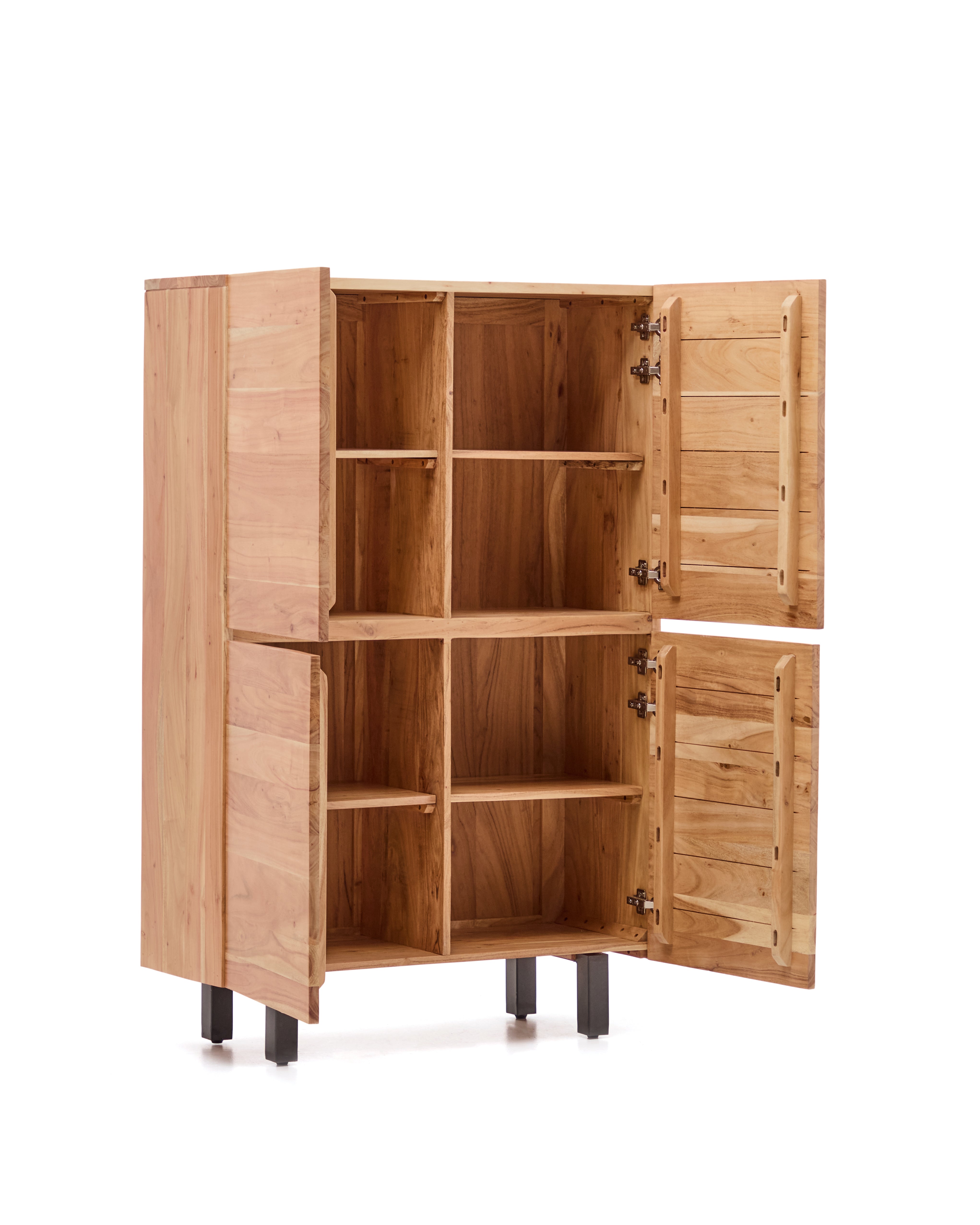 Uxue 4-door tall sideboard in solid acacia wood with bleached finish and black steel 100 x 155cm - Product Image