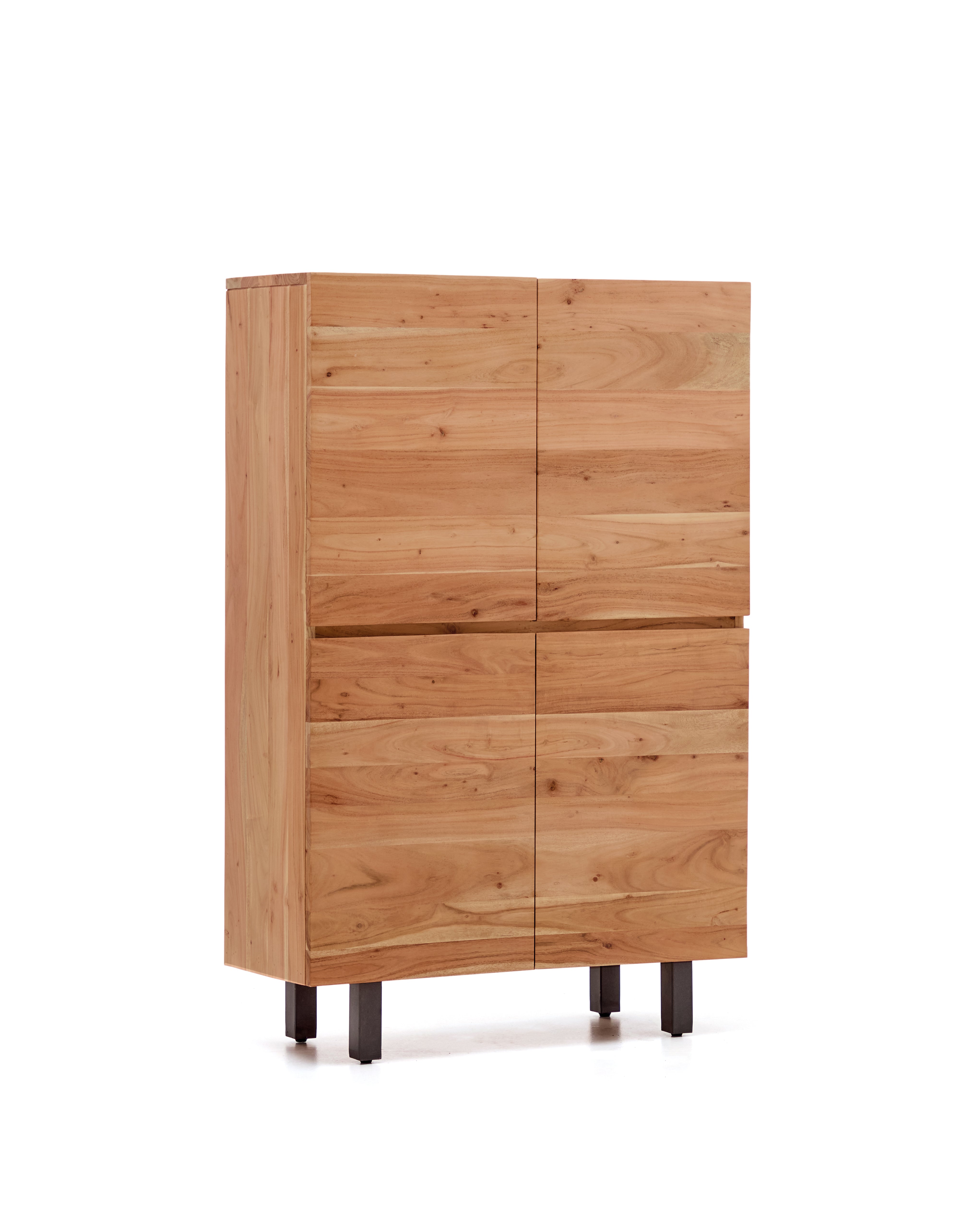 Uxue 4-door tall sideboard in solid acacia wood with bleached finish and black steel 100 x 155cm - Product Image