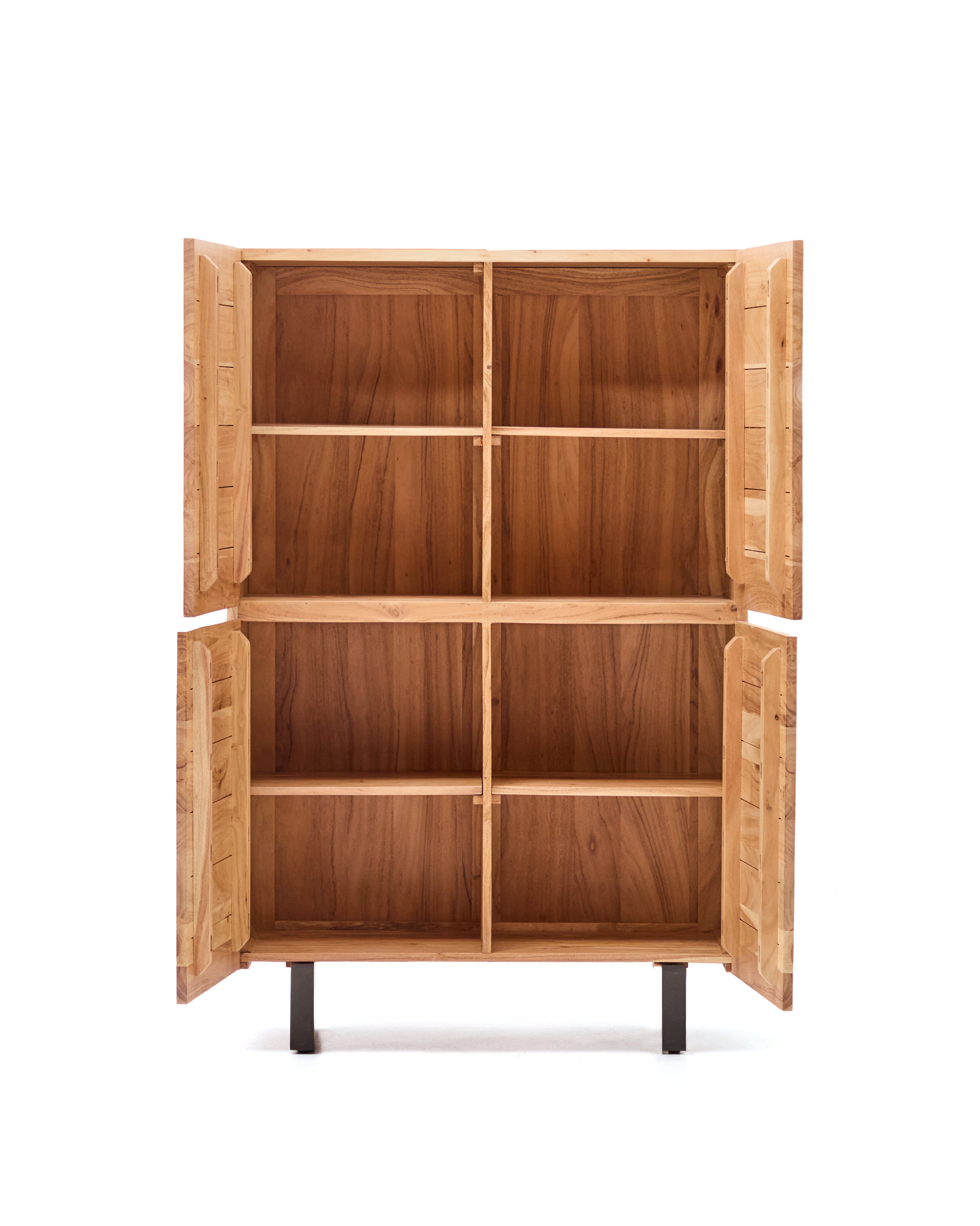 Uxue 4-door tall sideboard in solid acacia wood with bleached finish and black steel 100 x 155cm - Product Image