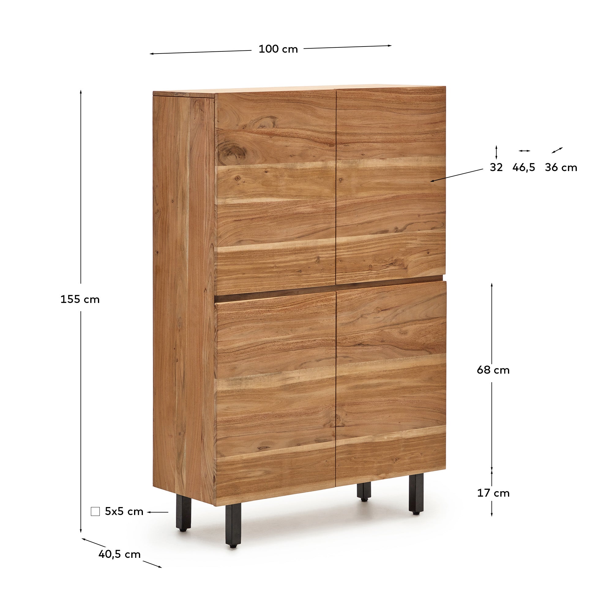 Uxue 4-door tall sideboard in solid acacia wood with bleached finish and black steel 100 x 155cm - Measurements