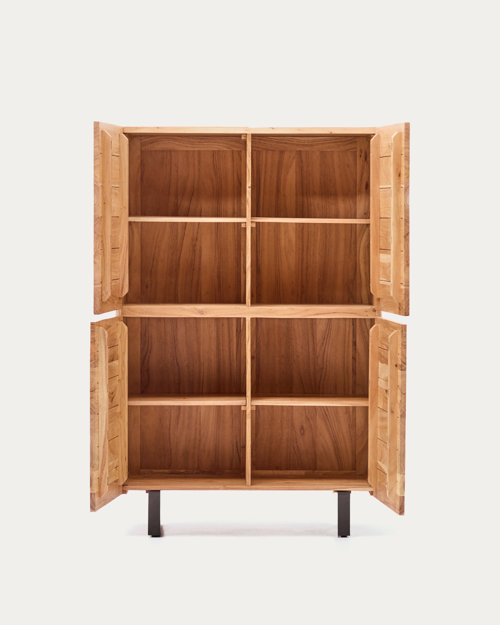 Uxue 4-door tall sideboard in solid acacia wood with bleached finish and black steel 100 x 155cm - Product View