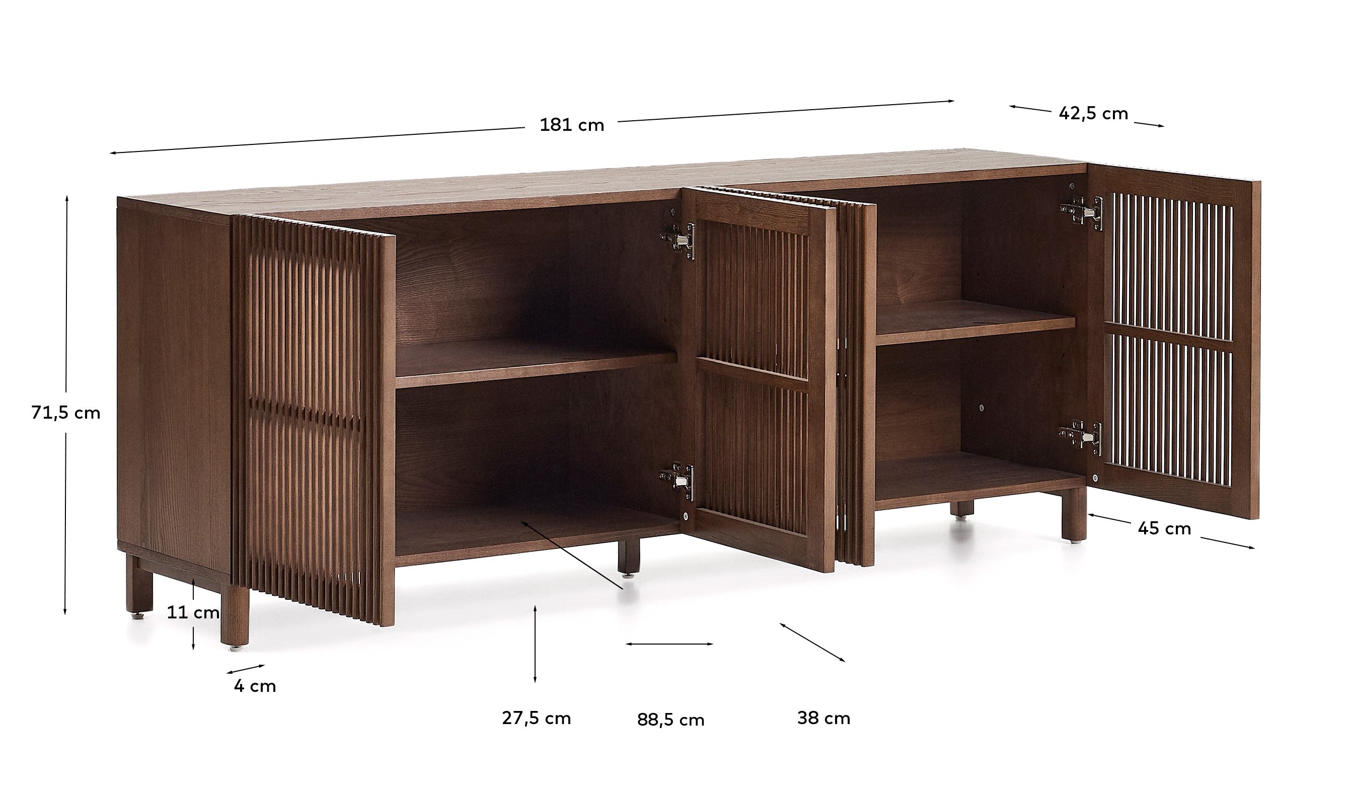 Beyla sideboard in ash veneer and solid ash wood with walnut finish 181 x 71.5cm FSC 100% - Measurements