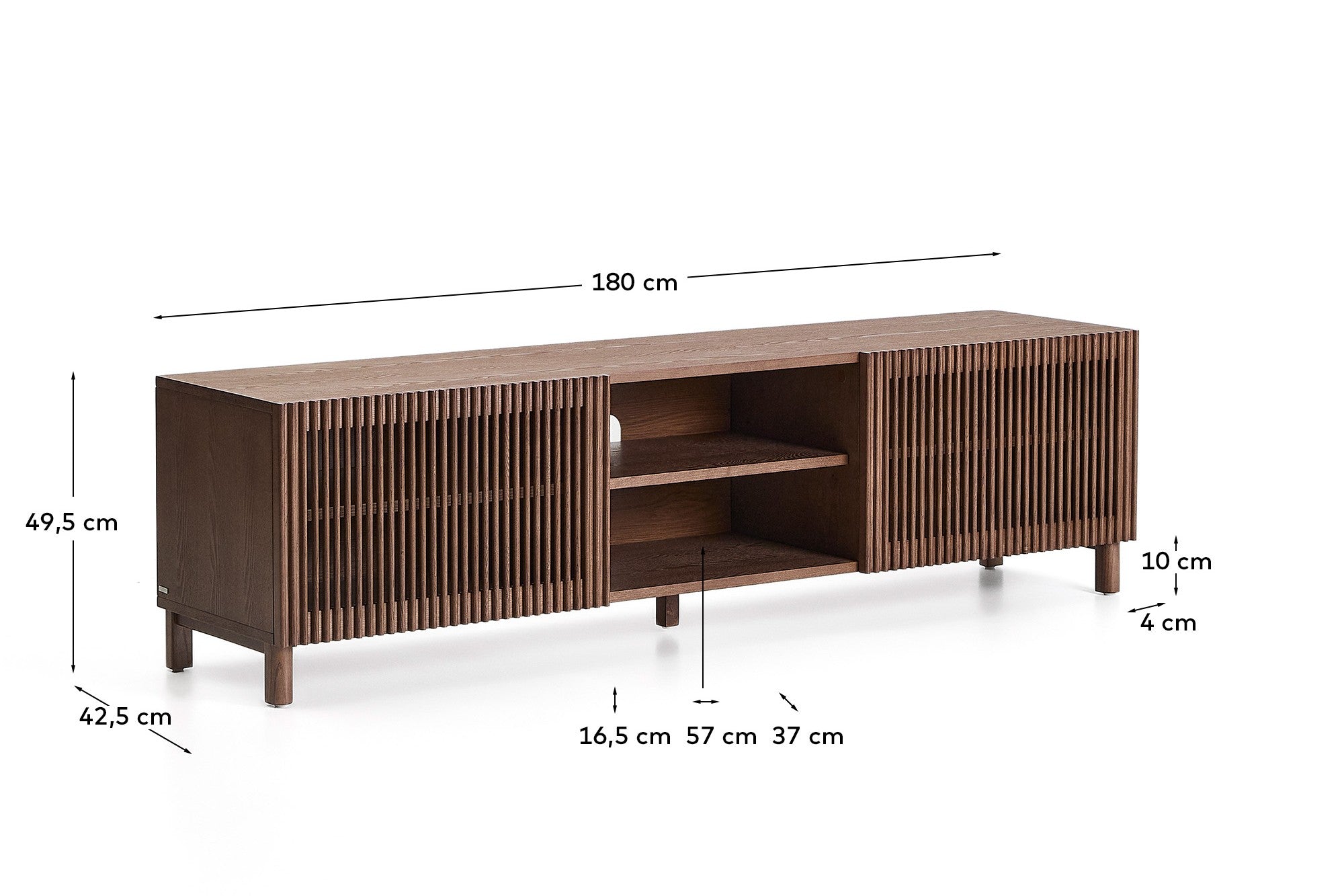 Beyla TV stand in ash veneer and solid ash wood with walnut finish 180 x 49.5cm FSC 100% - Measurements