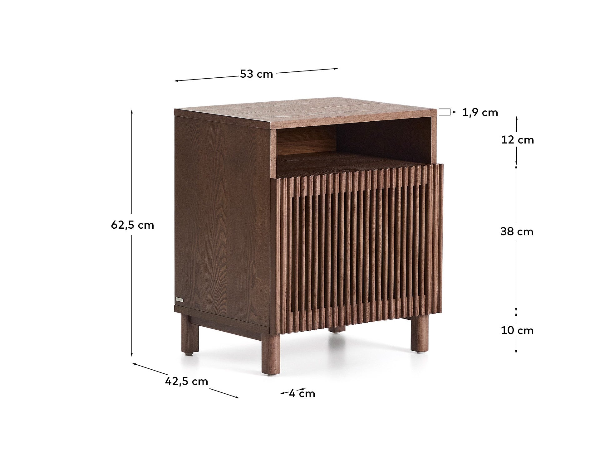 Beyla bedside table in ash veneer and solid ash wood with walnut finish 53 x 62.5cm FSC 100% - Measurements
