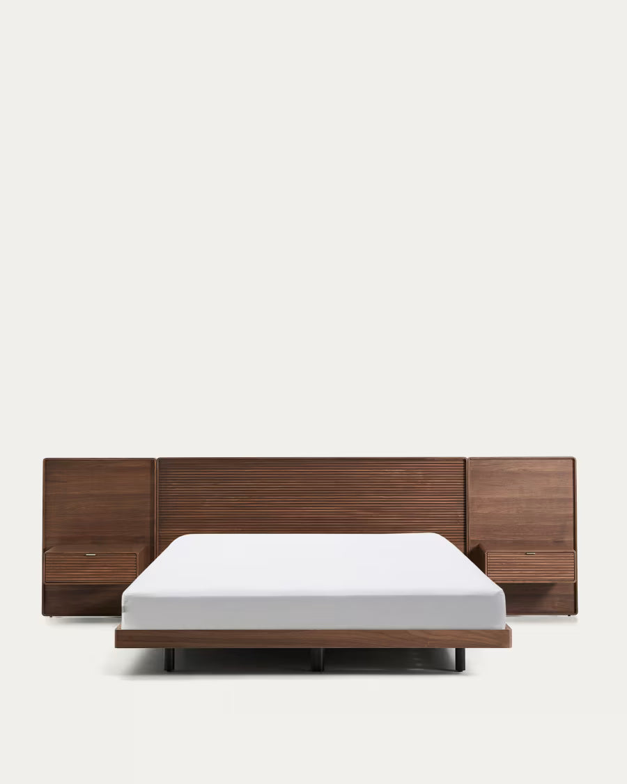 Norlen ágy 2 éjjeliszekrénnyel, sötét dió furnérral és LED világítással, 180 x 200 cm-es matrac számára, FSC Mix Credit