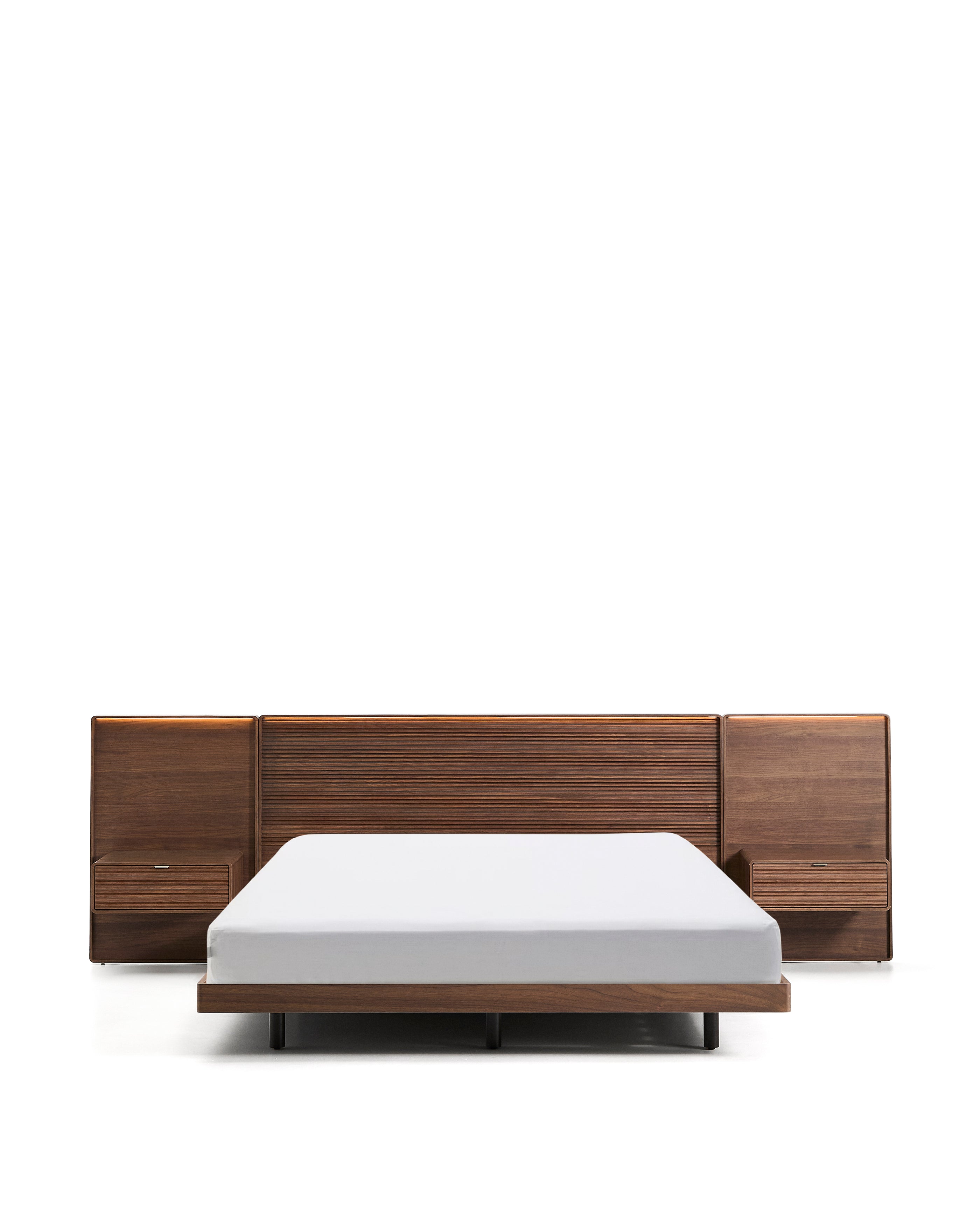 Norlen bed with 2 bedside tables in walnut veneer with dark finish and LED light for 160 x 200cm mattress FSC Mix Credit - Product Image