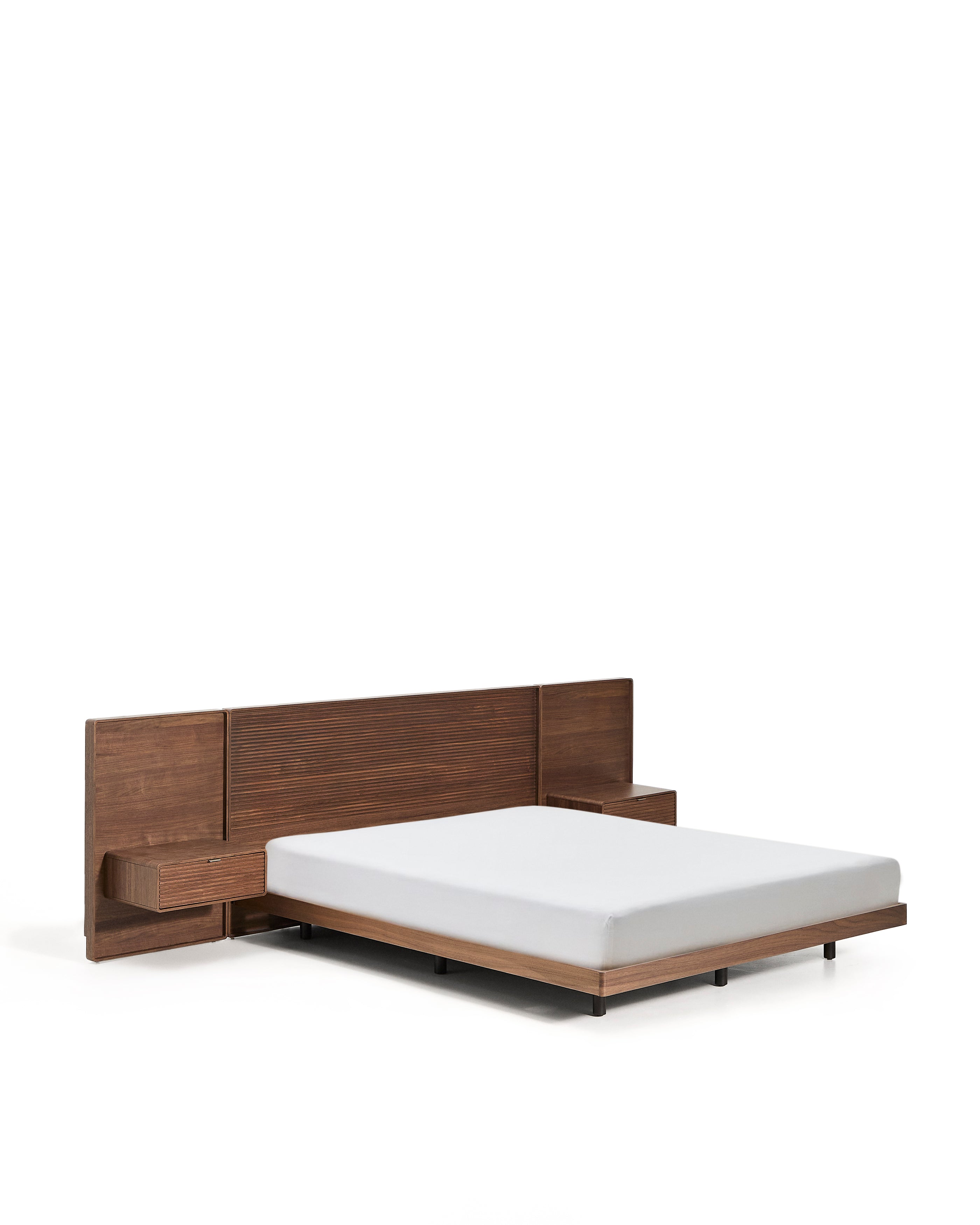 Norlen bed with 2 bedside tables in walnut veneer with dark finish and LED light for 160 x 200cm mattress FSC Mix Credit - Product Image
