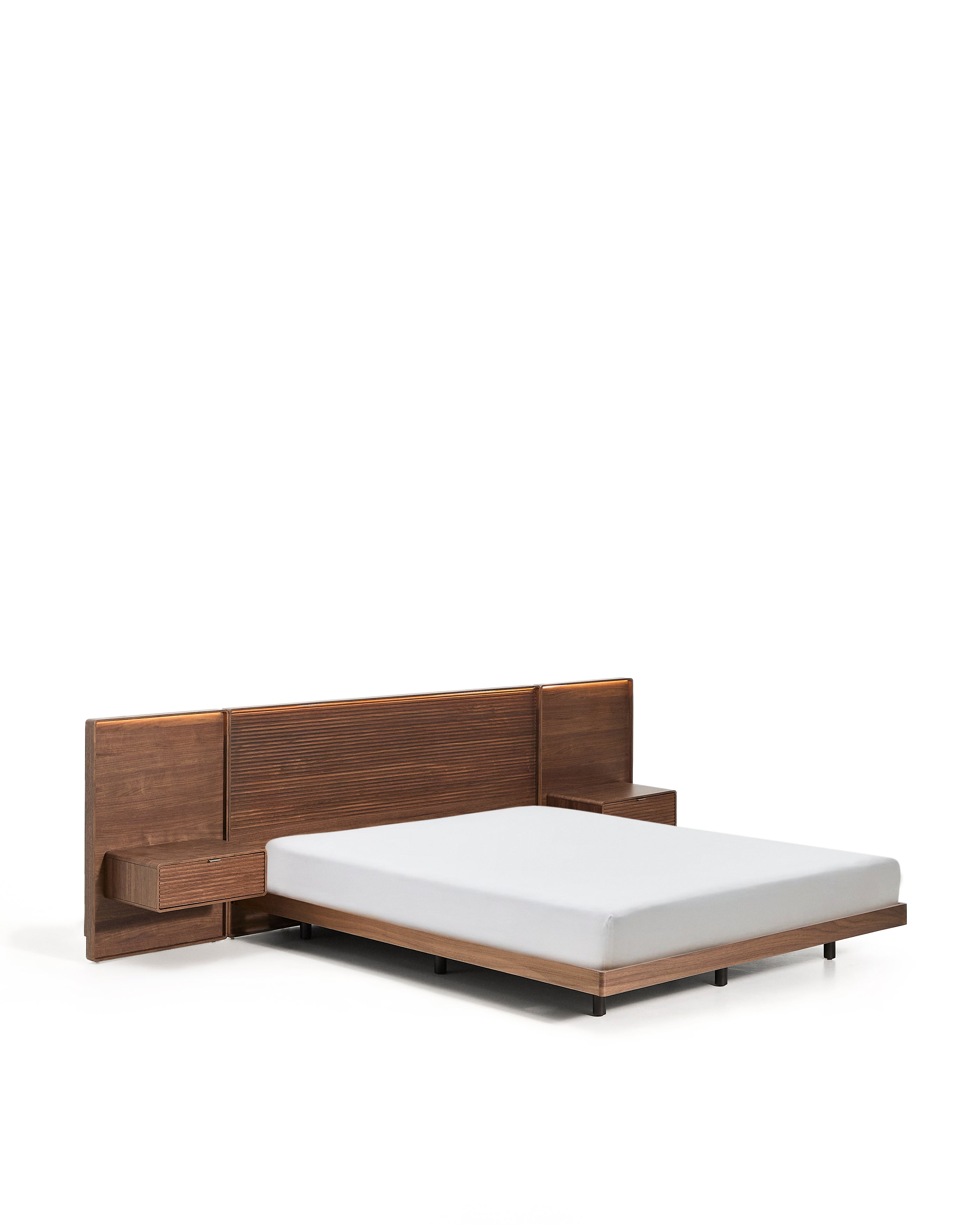 Norlen bed with 2 bedside tables in walnut veneer with dark finish and LED light for 160 x 200cm mattress FSC Mix Credit - Product Image