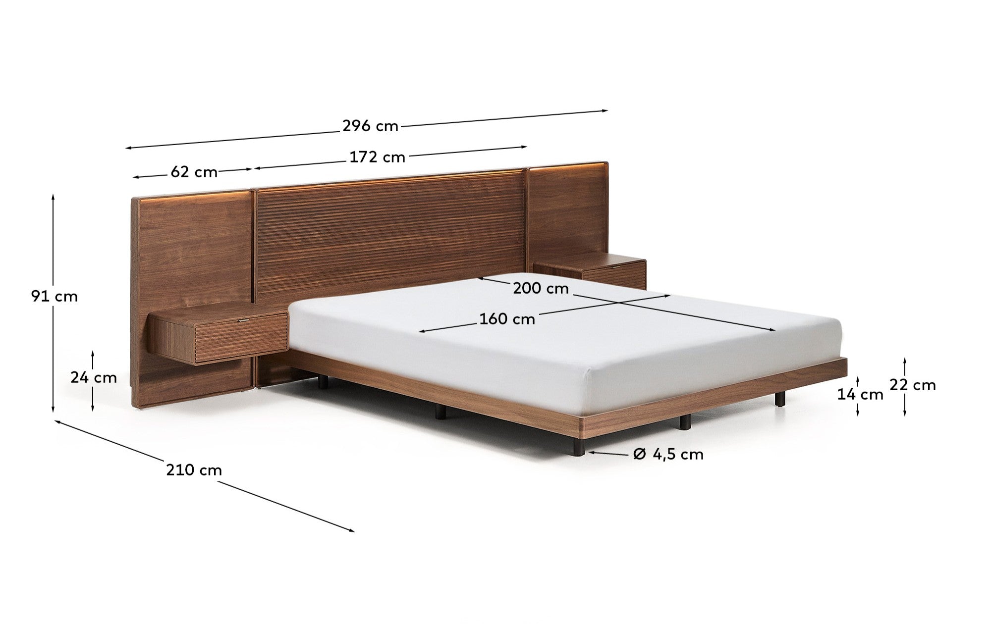 Norlen bed with 2 bedside tables in walnut veneer with dark finish and LED light for 160 x 200cm mattress FSC Mix Credit - Measurements
