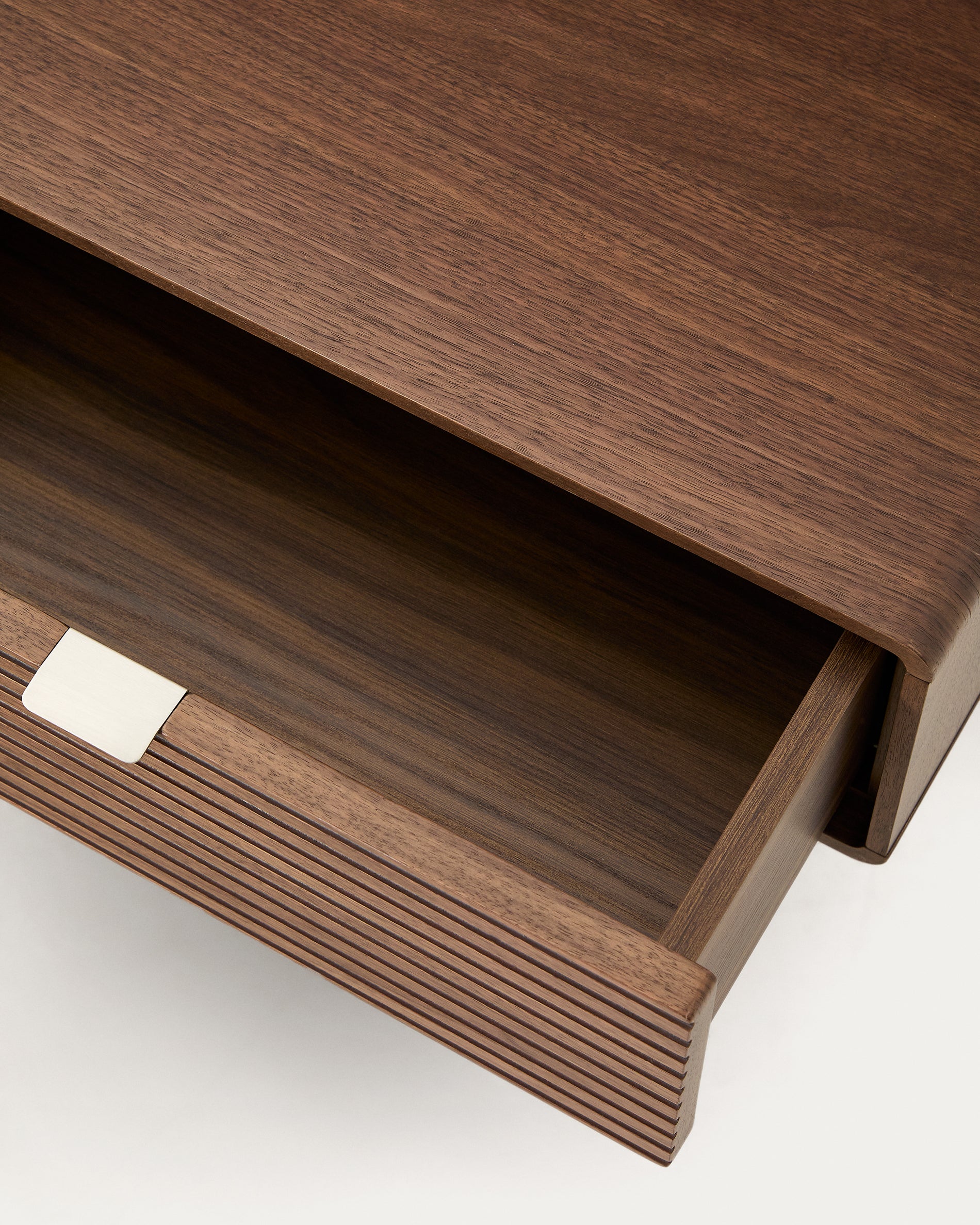 Norlen bed with 2 bedside tables in walnut veneer with dark finish and LED light for 160 x 200cm mattress FSC Mix Credit - Detail