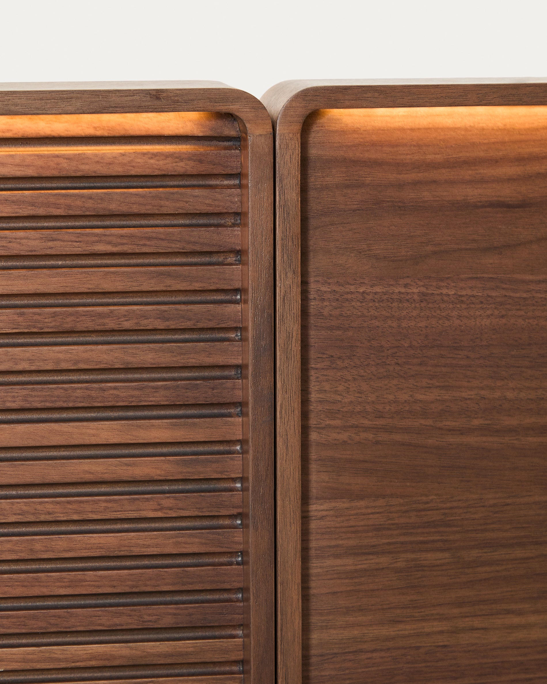 Norlen bed with 2 bedside tables in walnut veneer with dark finish and LED light for 160 x 200cm mattress FSC Mix Credit - Detail