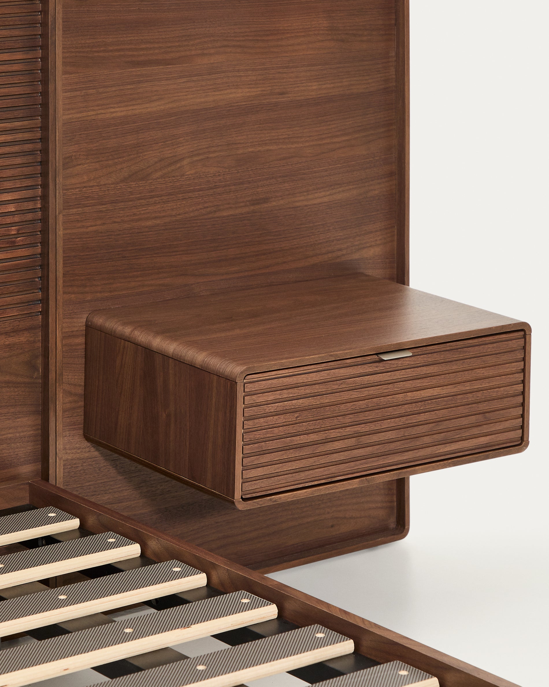 Norlen bed with 2 bedside tables in walnut veneer with dark finish and LED light for 160 x 200cm mattress FSC Mix Credit - Detail