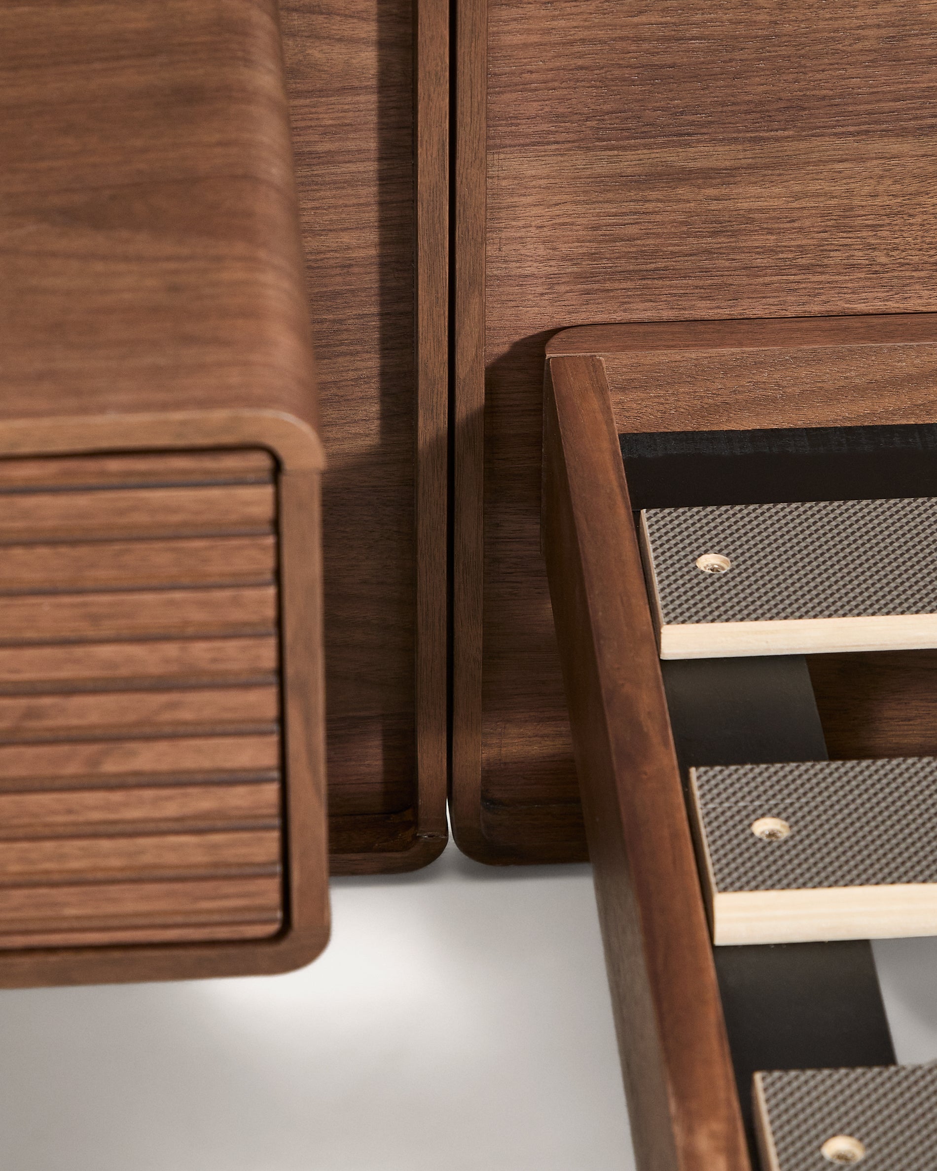 Norlen bed with 2 bedside tables in walnut veneer with dark finish and LED light for 160 x 200cm mattress FSC Mix Credit - Detail