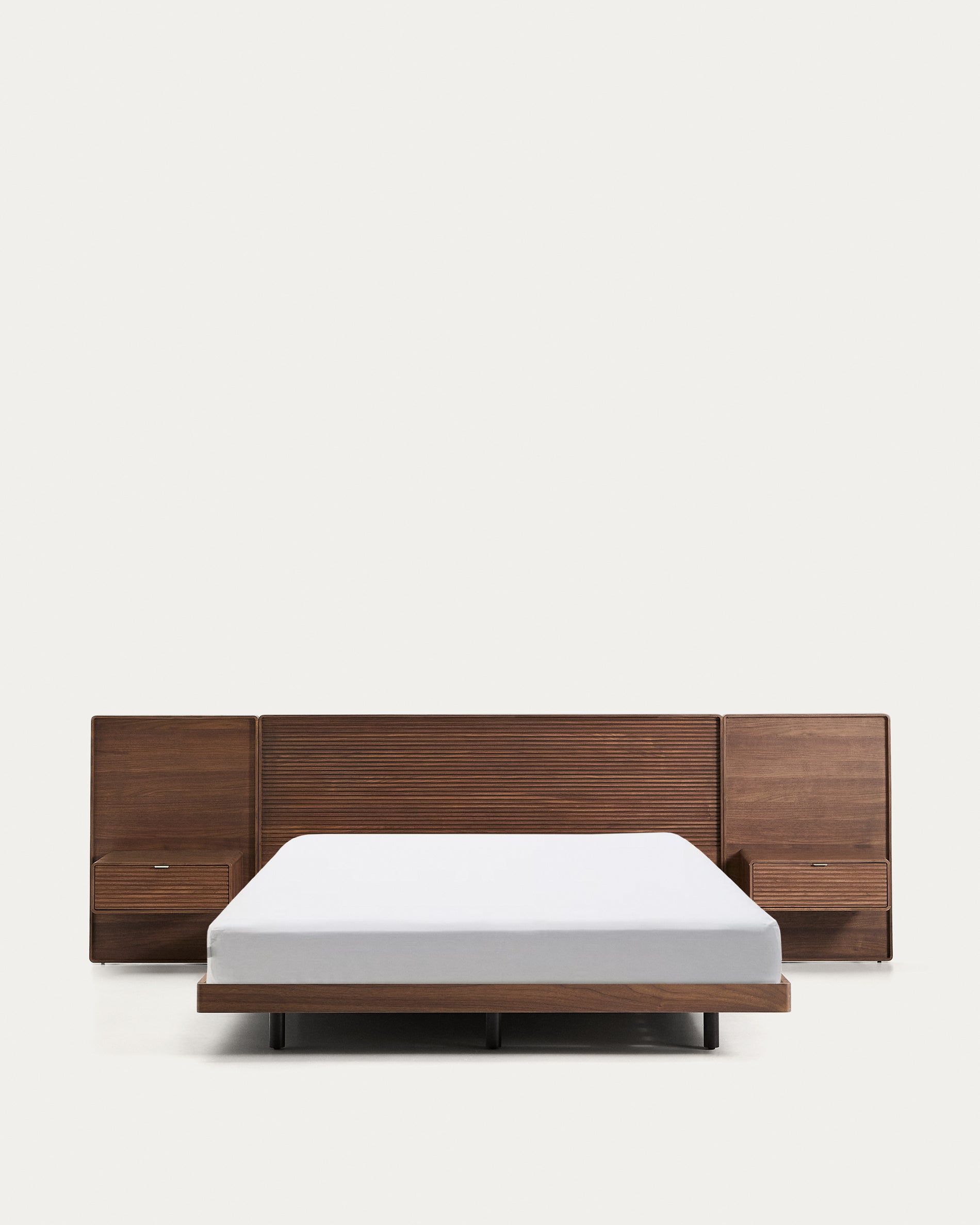 Norlen bed with 2 bedside tables in walnut veneer with dark finish and LED light for 160 x 200cm mattress FSC Mix Credit - Product View
